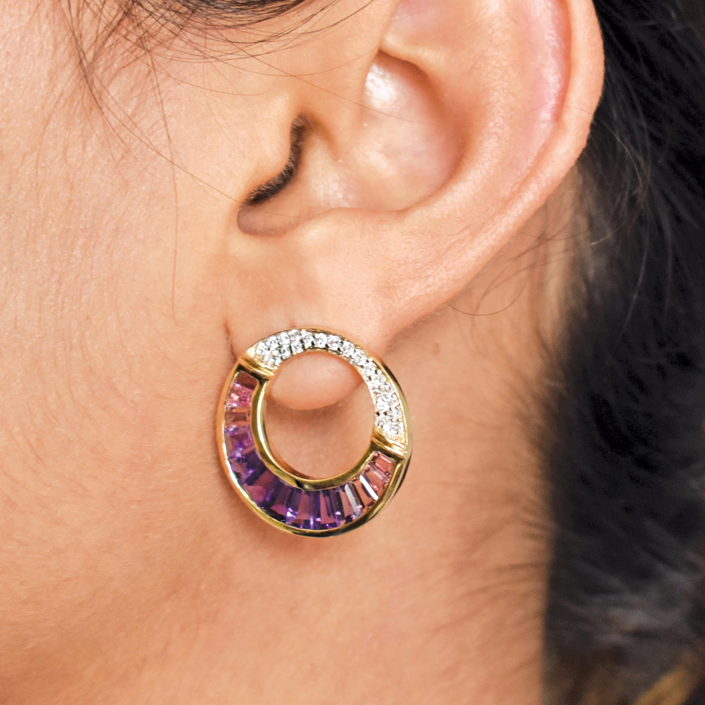 De las mujeres Pendientes Amatista Turmalina Rosa Tallada a Medida Engastados en Canal Oro Amarillo en venta