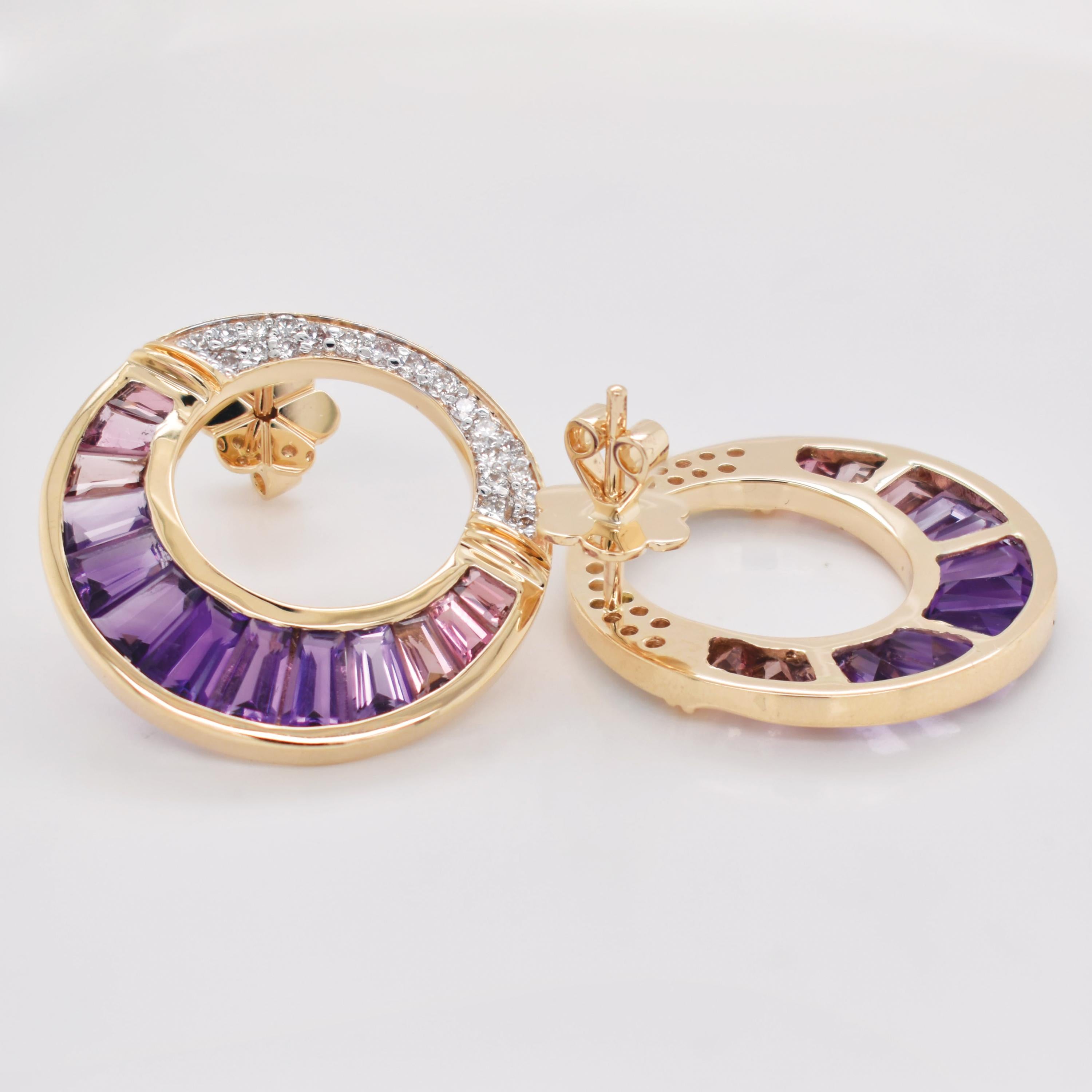 Pendientes Amatista Turmalina Rosa Tallada a Medida Engastados en Canal Oro Amarillo en venta 1