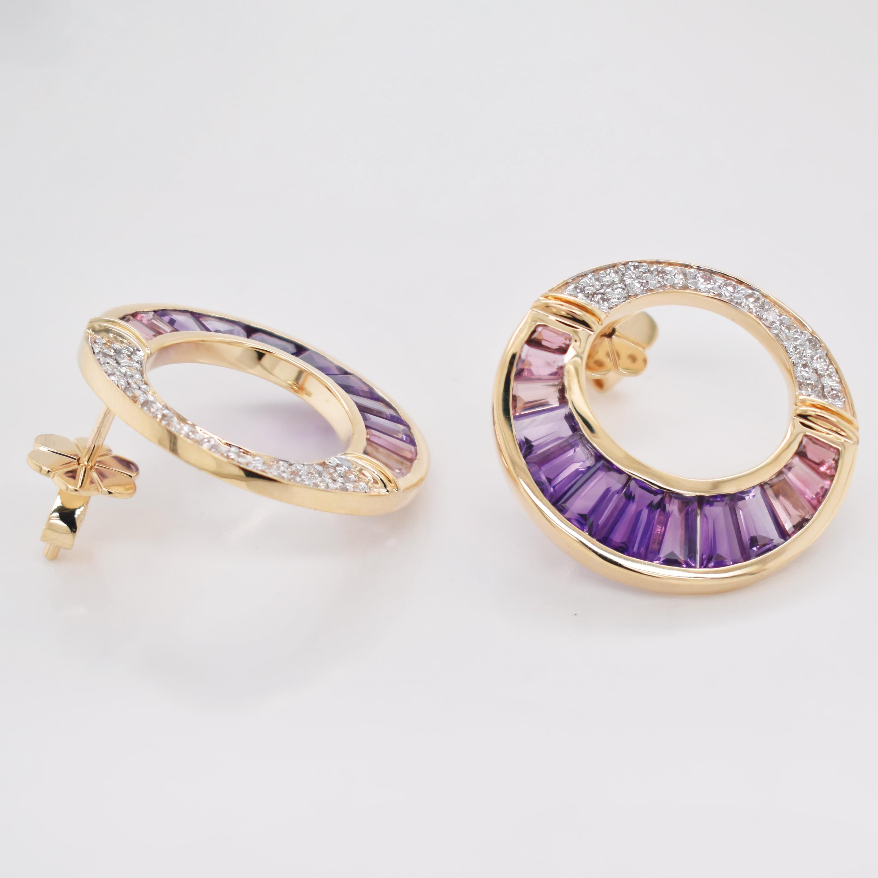 Pendientes Amatista Turmalina Rosa Tallada a Medida Engastados en Canal Oro Amarillo en venta 2