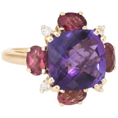 Amethyst Pink Tourmaline Diamond Cocktail Ring Vintage 14 Karat Yellow Gold