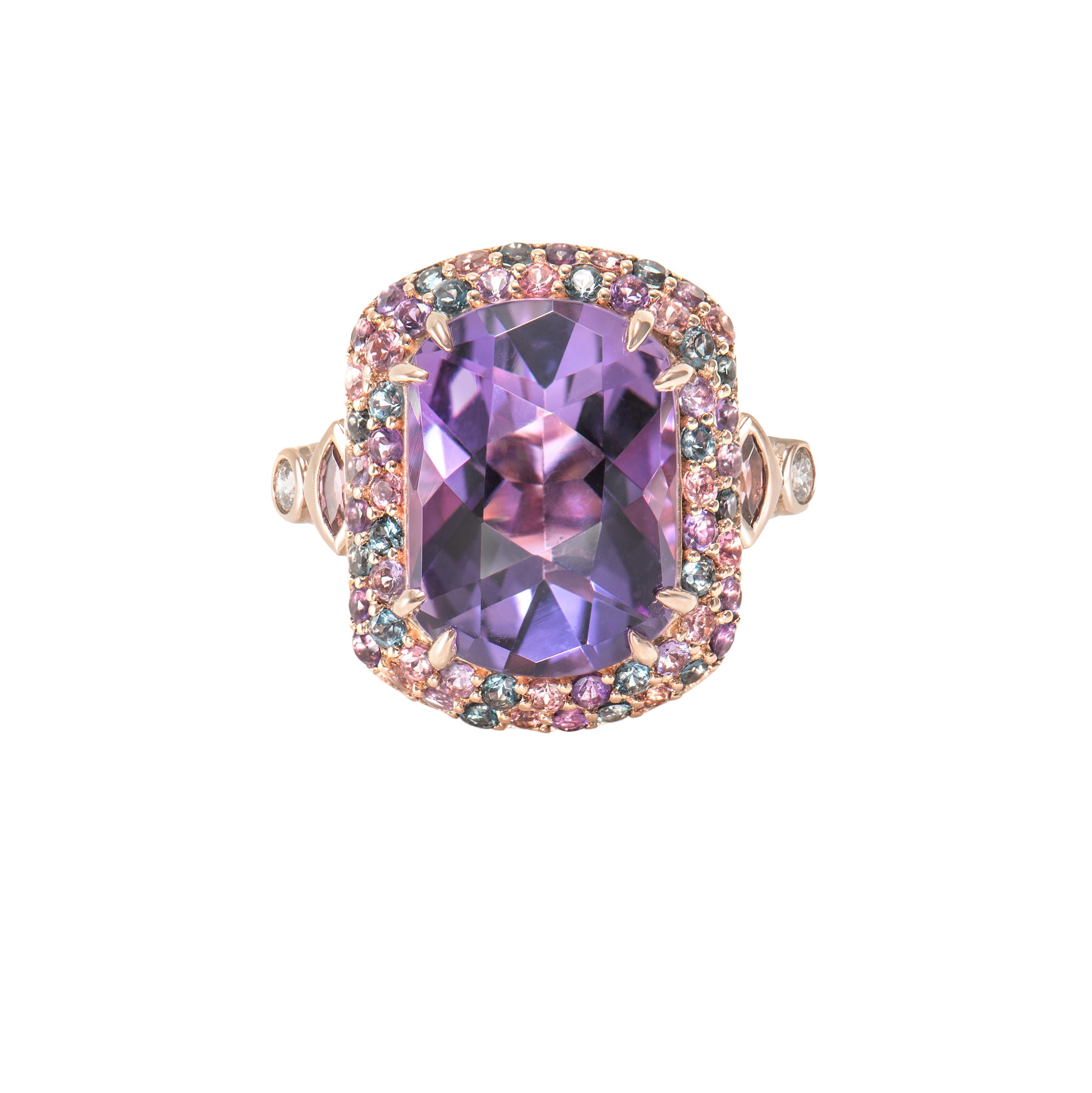 Contemporary Amethyst, Multi Gemstone and White Diamond Cocktail Ring in 18KRG.  For Sale