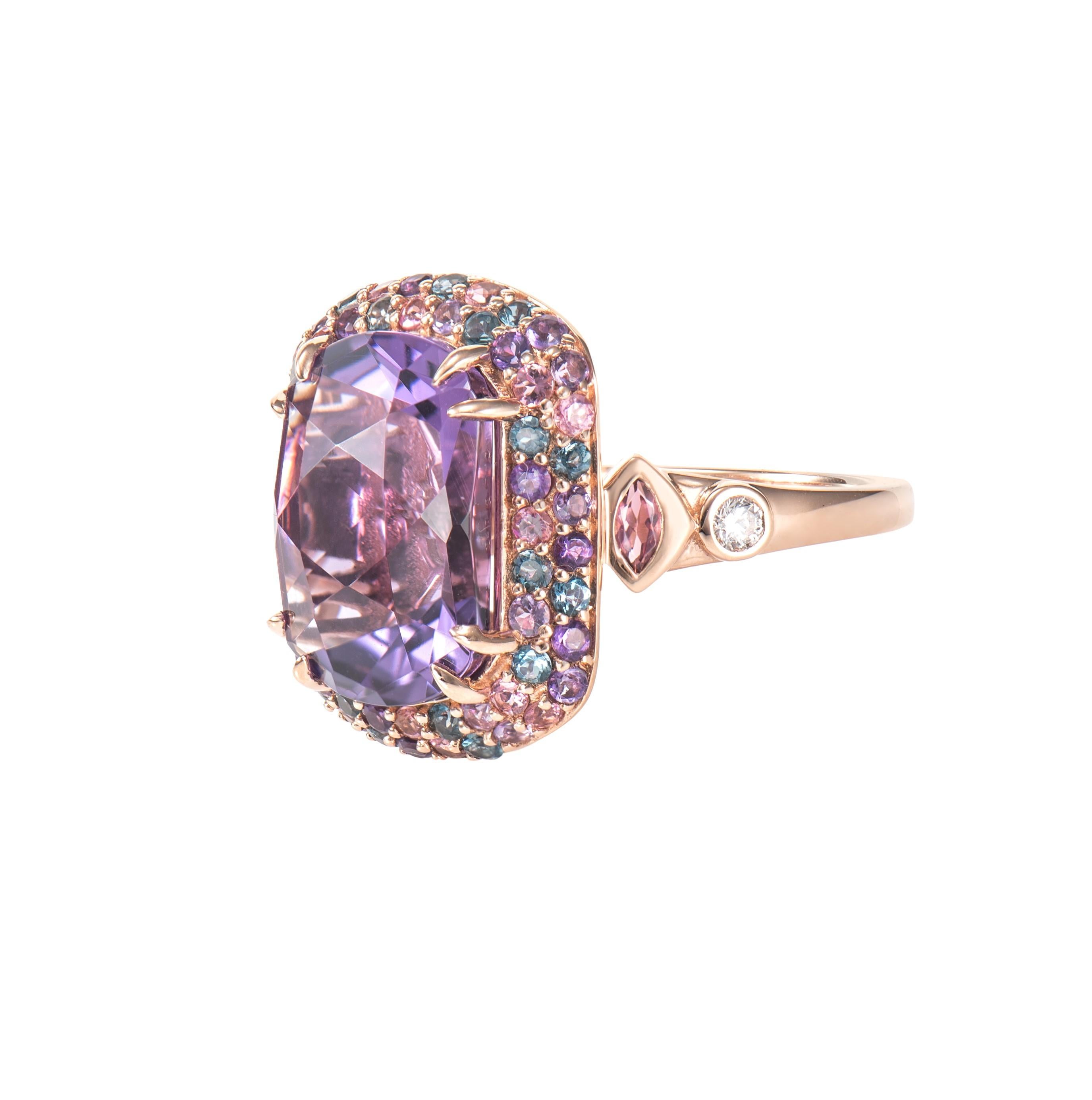 Oval Cut Sunita Nahata Amethyst 6.05ct. Ring in 18KRG with Gemstones & Diamond. For Sale