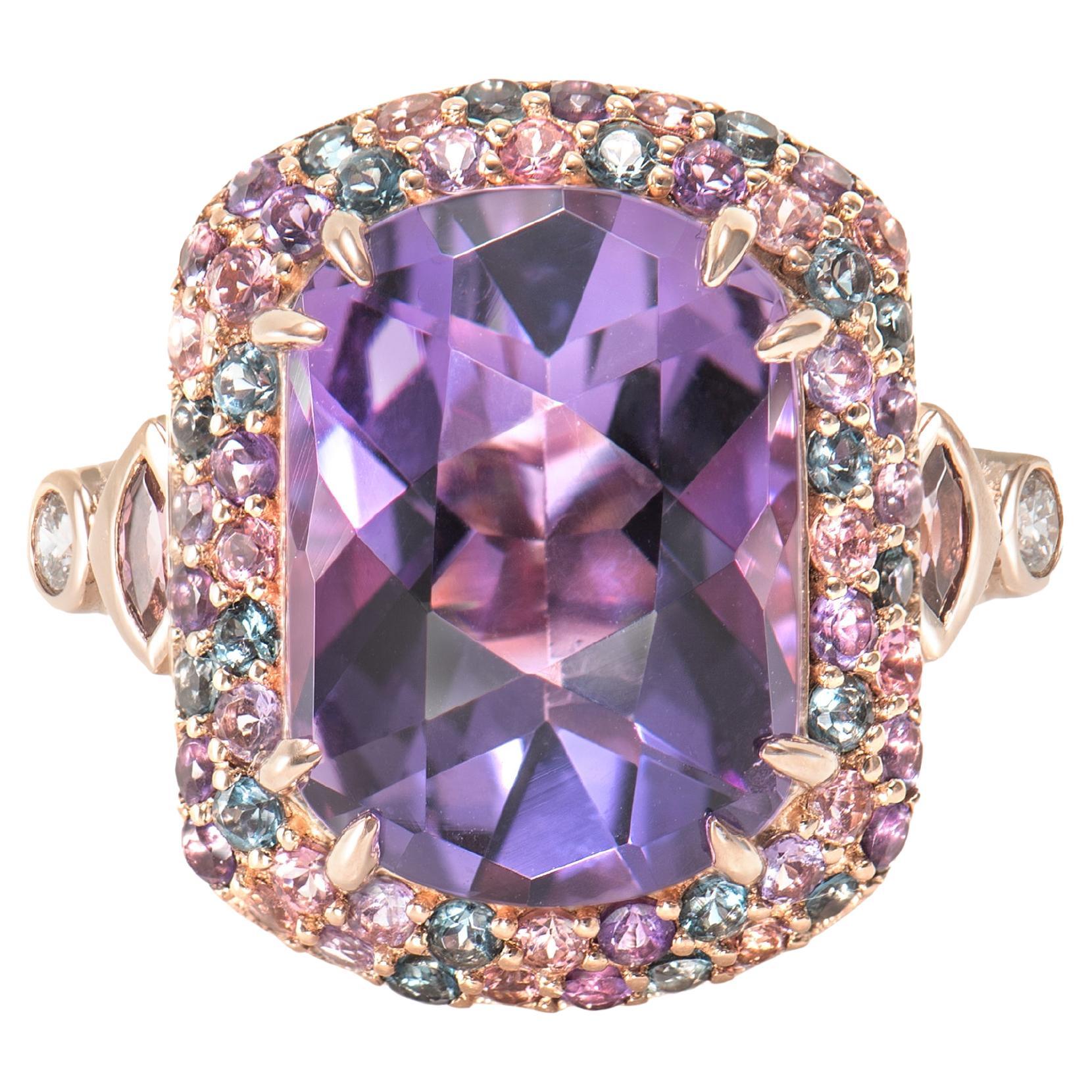 Amethyst, Multi Gemstone and White Diamond Cocktail Ring in 18KRG.  For Sale