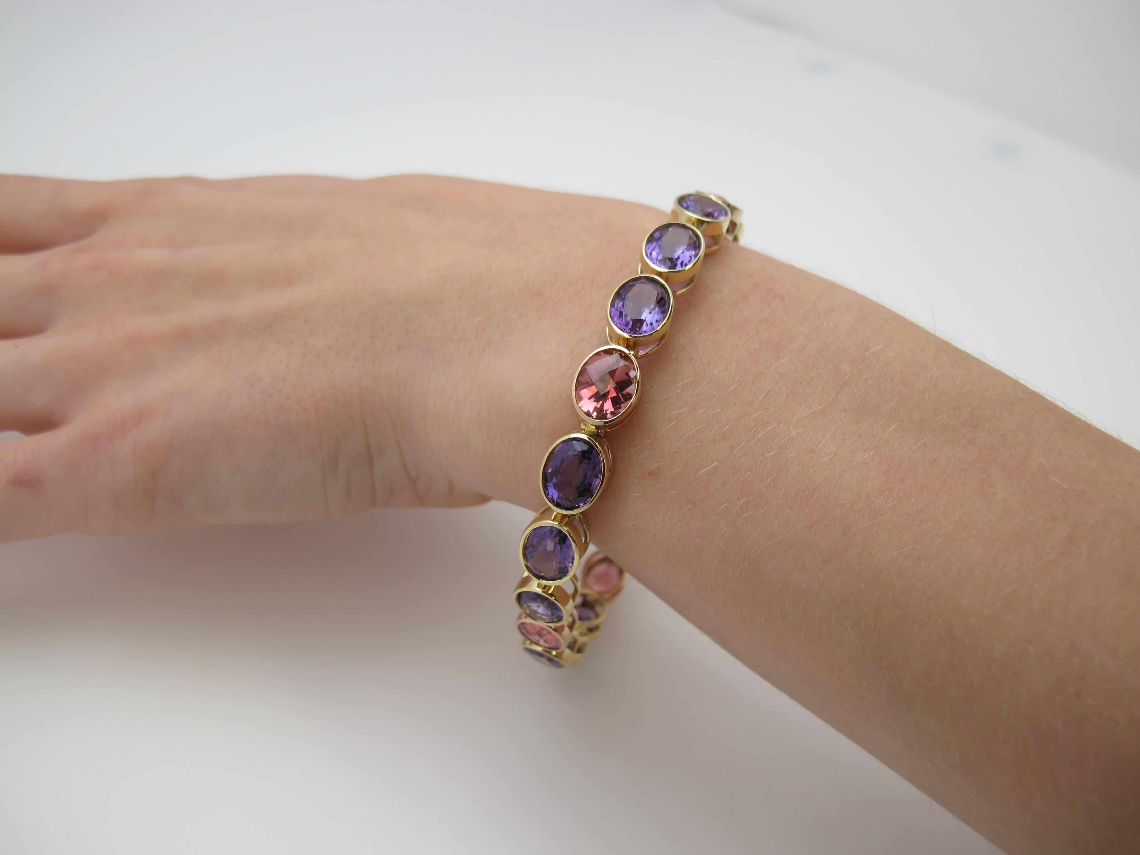 Amethyst, Pink Tourmaline Ovals, Rose and Yellow Gold Bezel Set Tennis Bracelet In New Condition In Los Angeles, CA