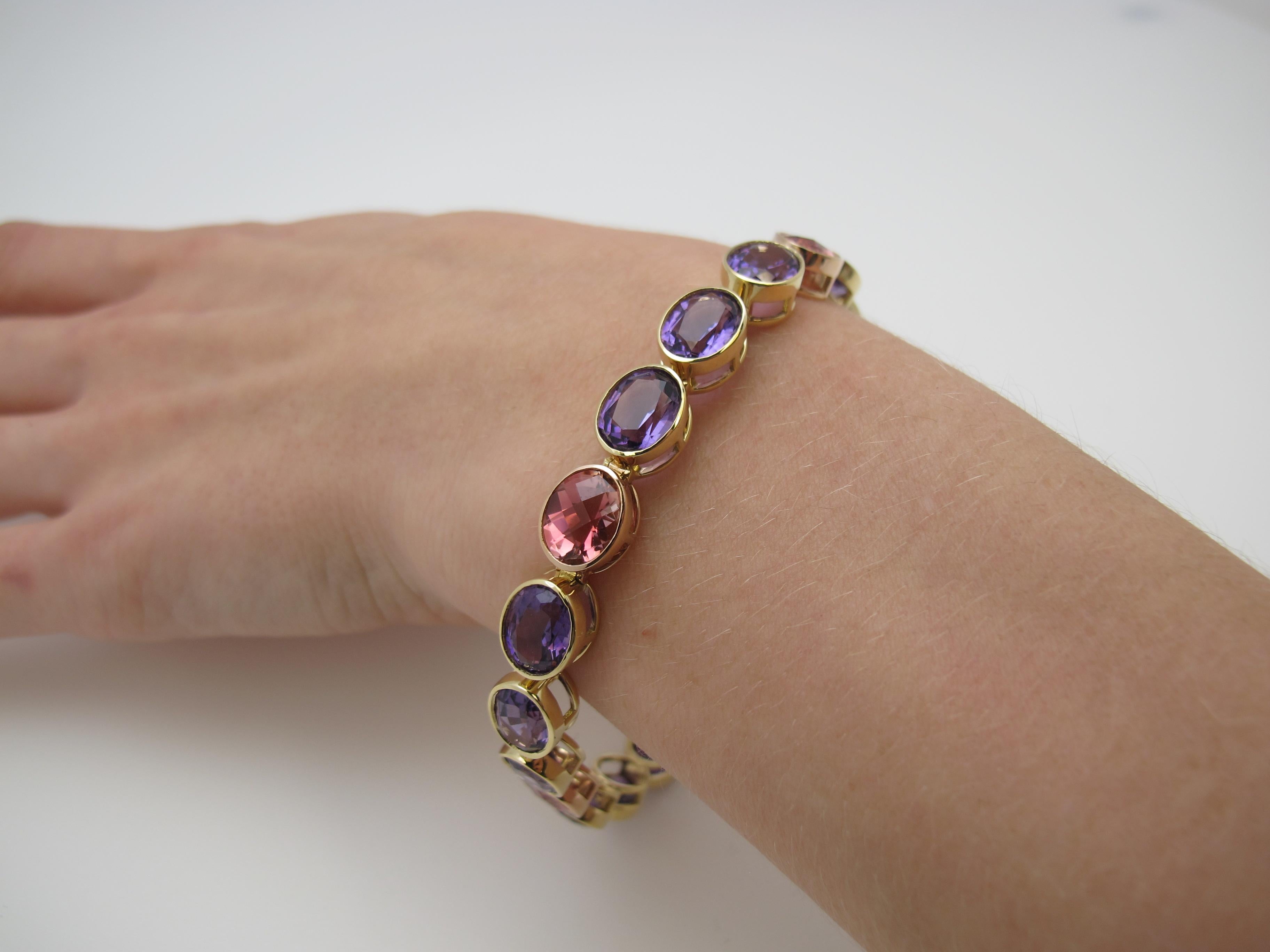 Amethyst, Pink Tourmaline Ovals, Rose and Yellow Gold Bezel Set Tennis Bracelet 1