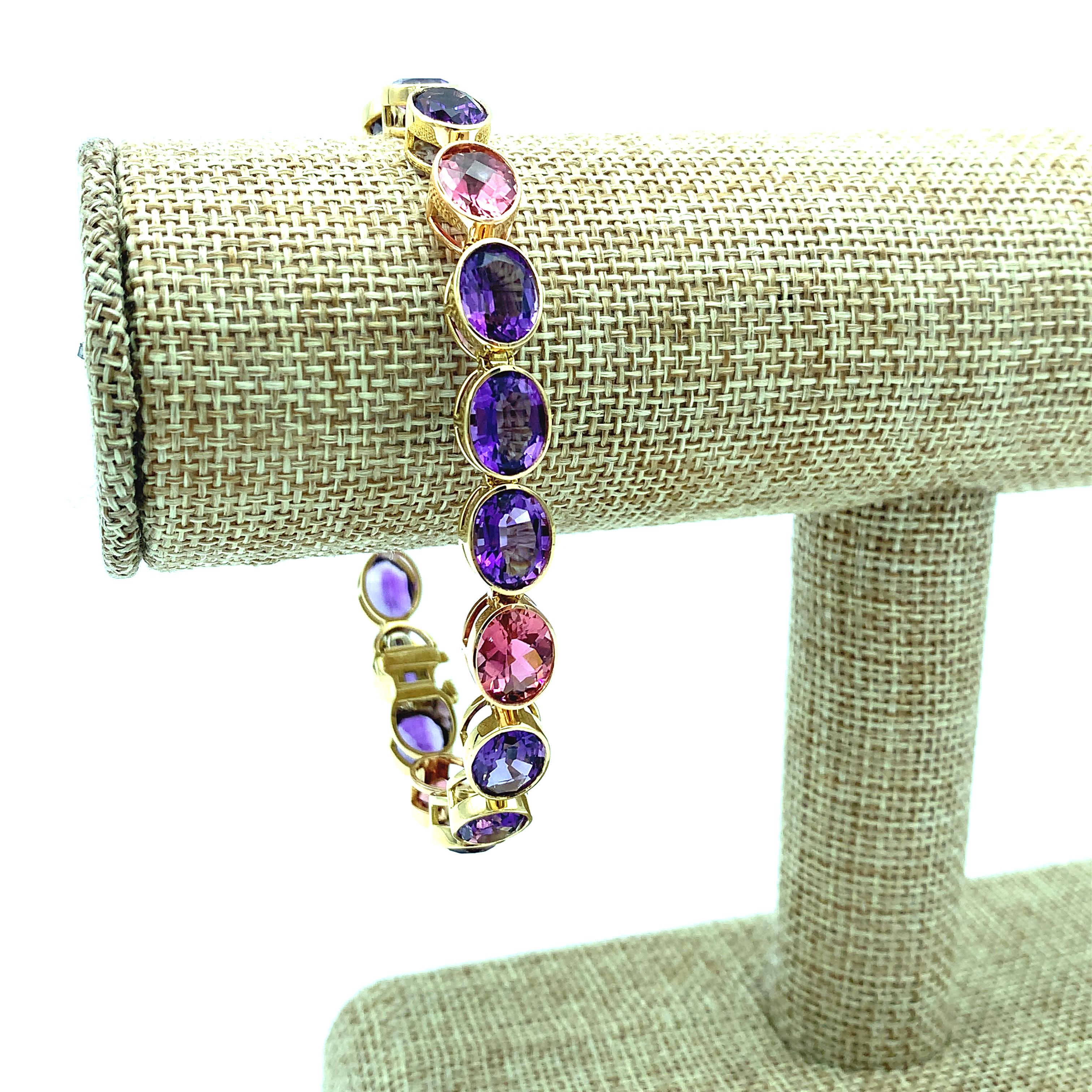 Artisan Amethyst, Pink Tourmaline Ovals, Rose and Yellow Gold Bezel Set Tennis Bracelet