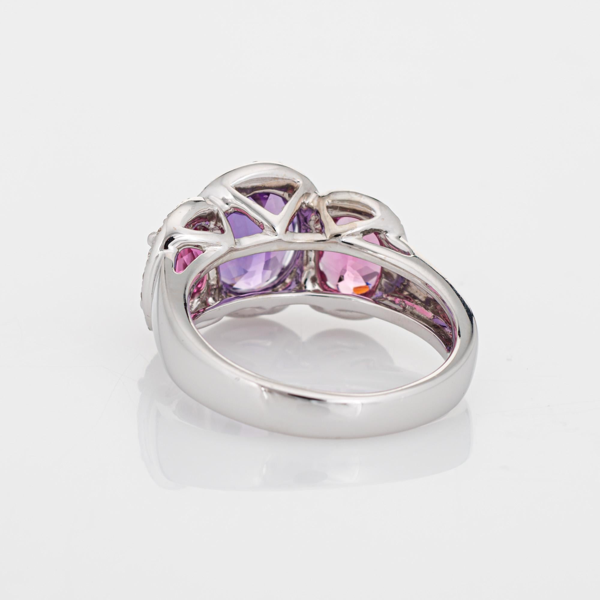 Amethyst Pink Tourmaline Ring Diamond Trilogy Estate 18k White Gold Sz 7  In Good Condition In Torrance, CA