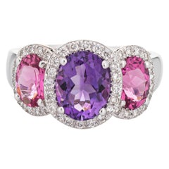 Amethyst Pink Tourmaline Ring Diamond Trilogy Estate 18k White Gold Sz 7