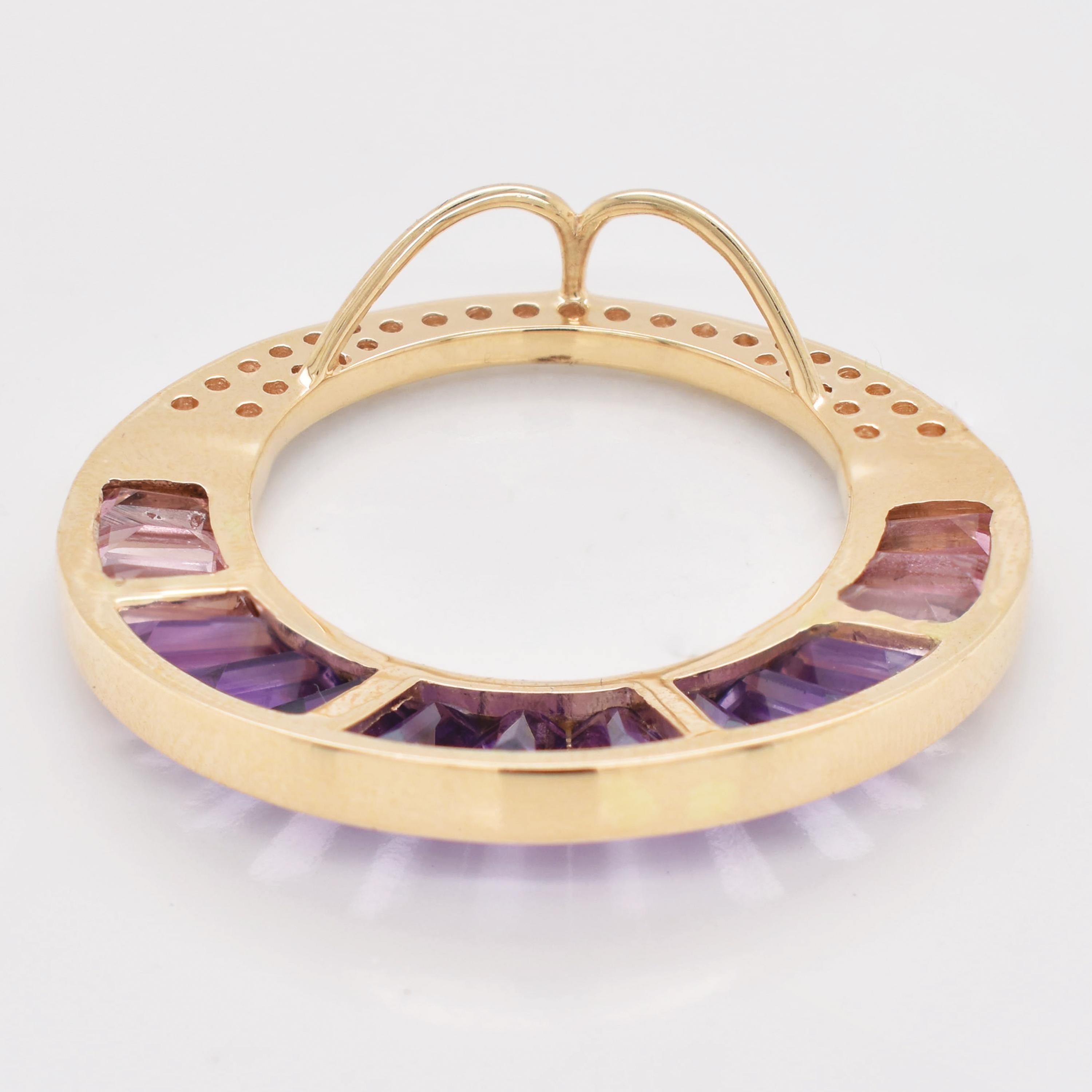 Amethyst Pink Tourmaline Taper Baguette Channel Setting Pendant Yellow Gold For Sale 5