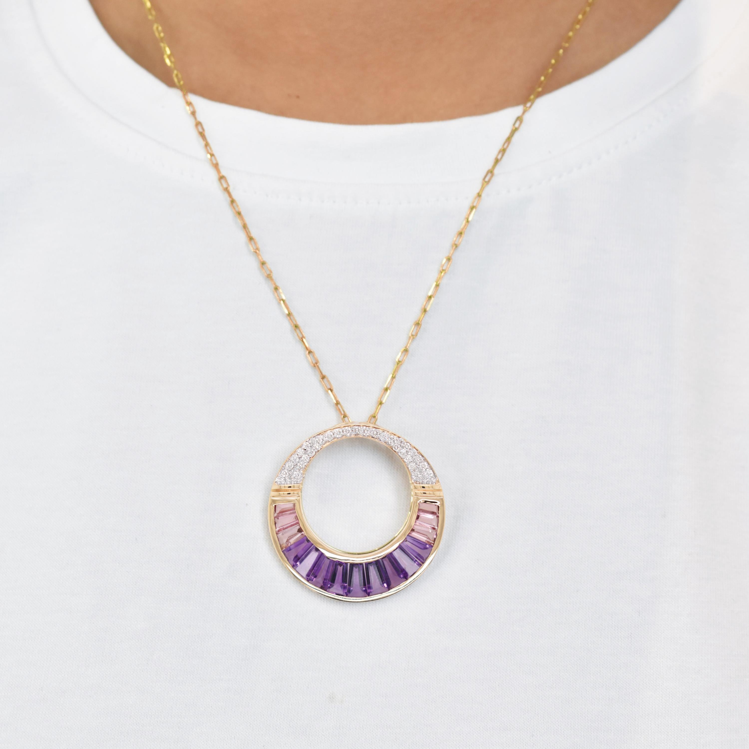 Amethyst pink tourmaline taper baguette channel setting pendant 14K Yellow Gold

Presenting the 14K Gold Amethyst Pink Tourmaline Cleopatra Diamond Pendant. This stunning pendant combines the vibrant hues of amethyst and pink tourmaline with the