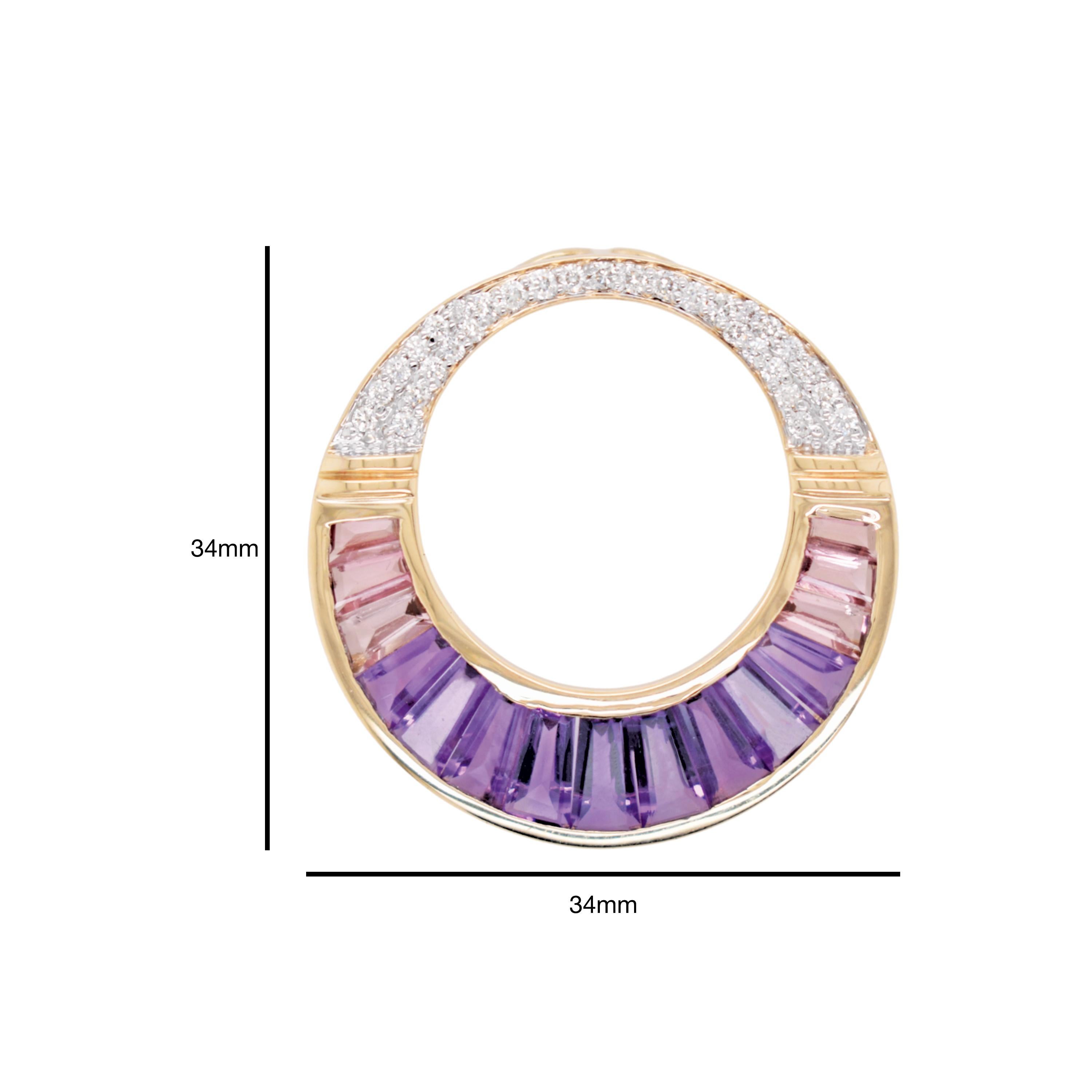 Contemporary Amethyst Pink Tourmaline Taper Baguette Channel Setting Pendant Yellow Gold For Sale