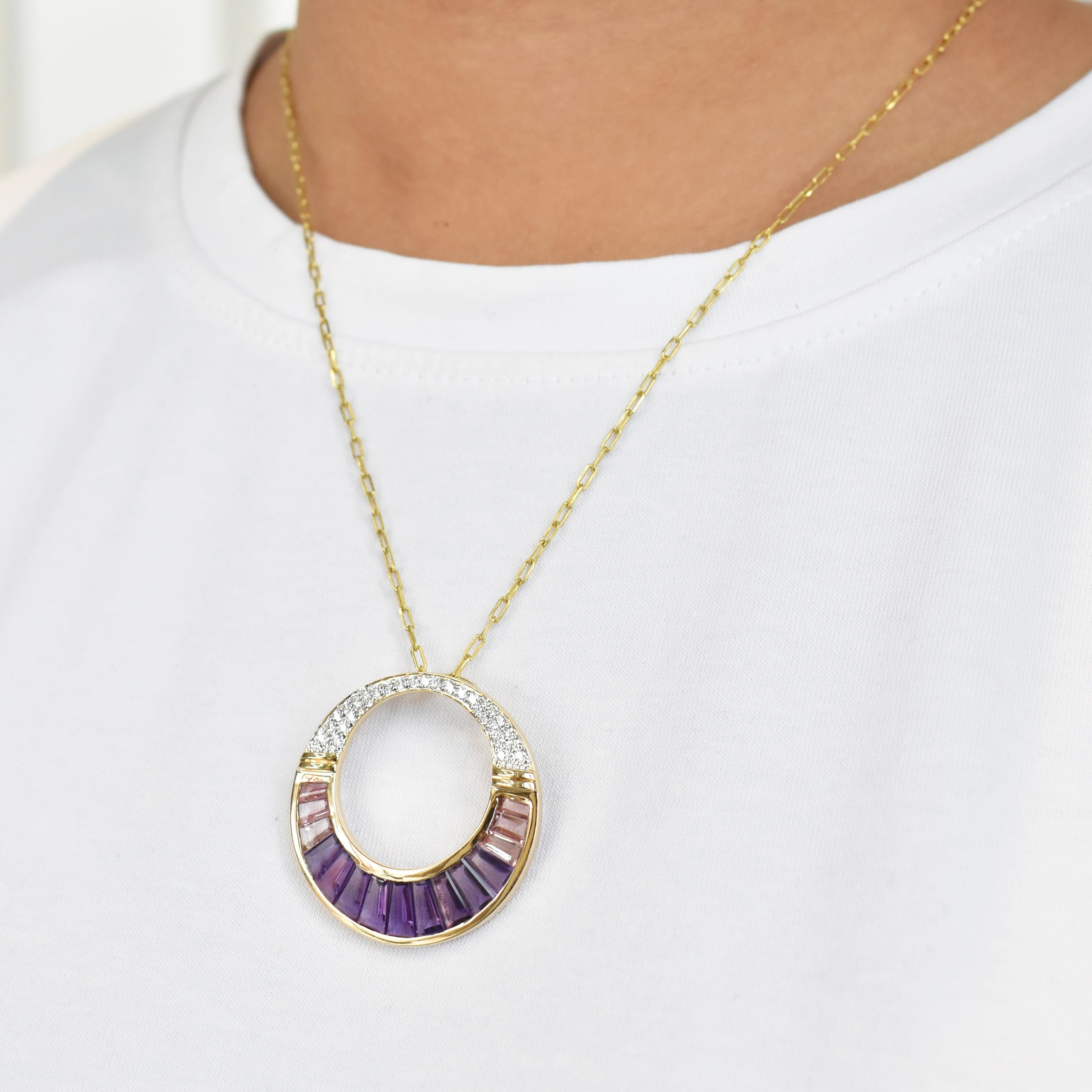 Amethyst Pink Tourmaline Taper Baguette Channel Setting Pendant Yellow Gold In New Condition For Sale In Jaipur, Rajasthan