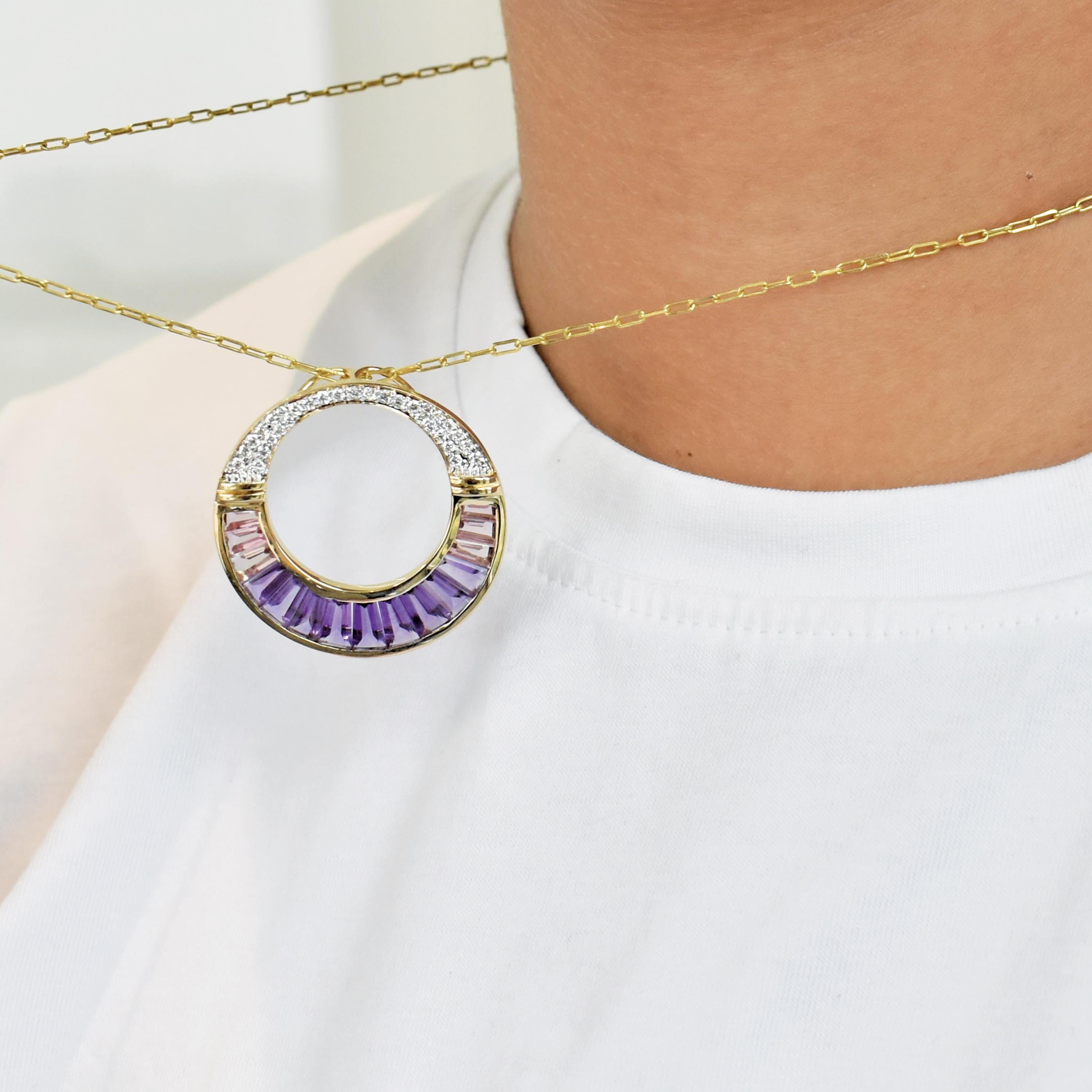 Women's Amethyst Pink Tourmaline Taper Baguette Channel Setting Pendant Yellow Gold For Sale