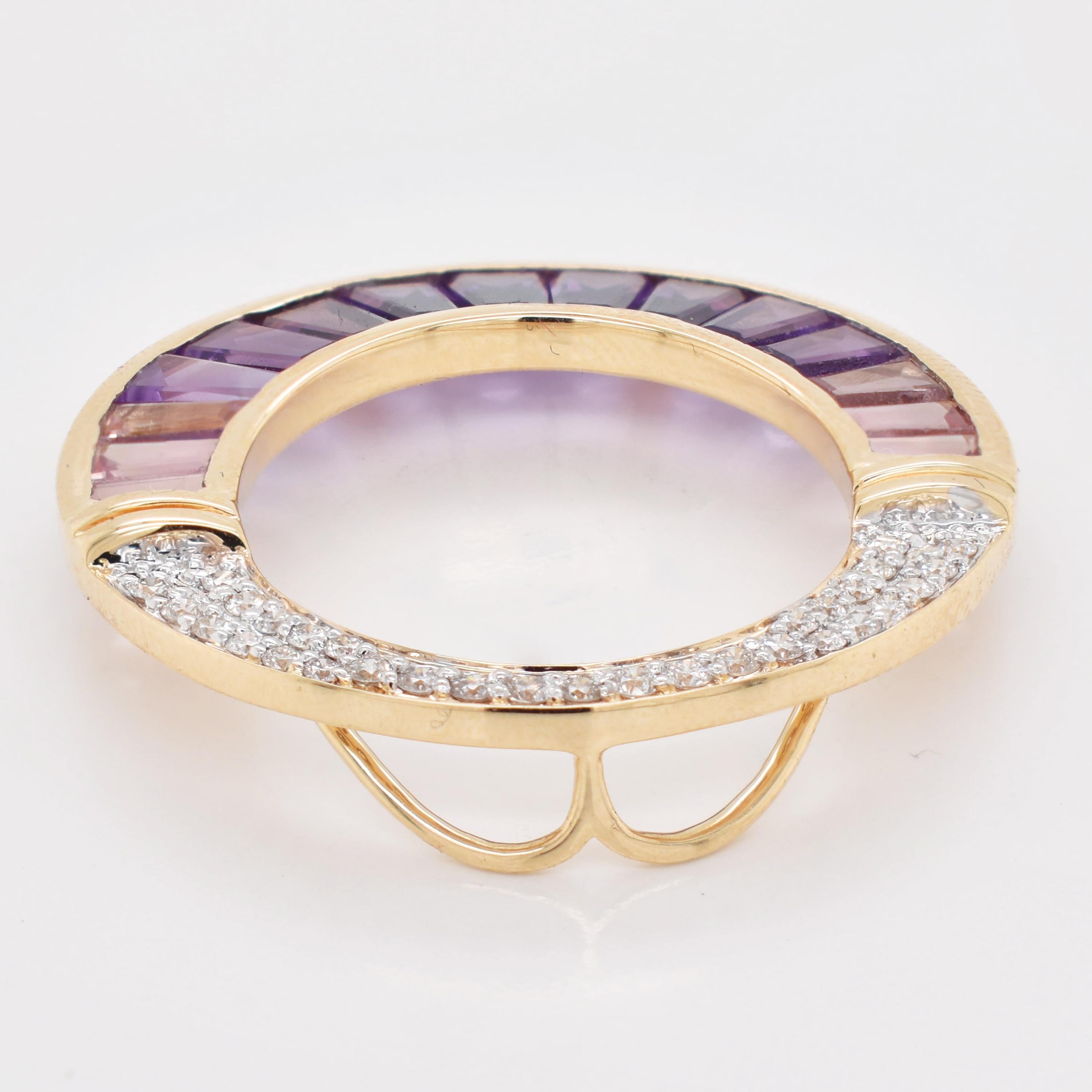 Amethyst Pink Tourmaline Taper Baguette Channel Setting Pendant Yellow Gold For Sale 3