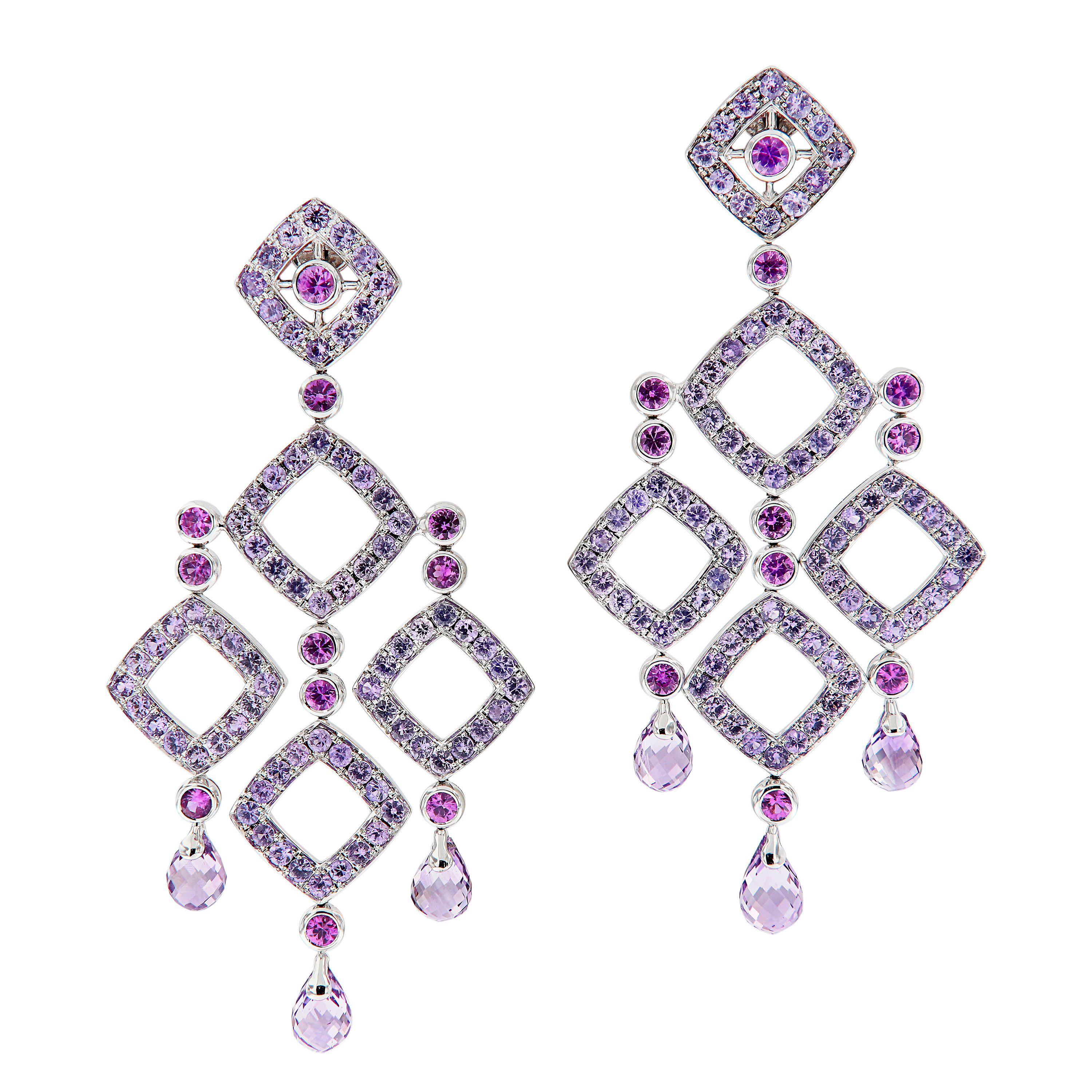 Boucles d'oreilles chandelier en or blanc 18 carats avec améthyste, saphir rose et violet
