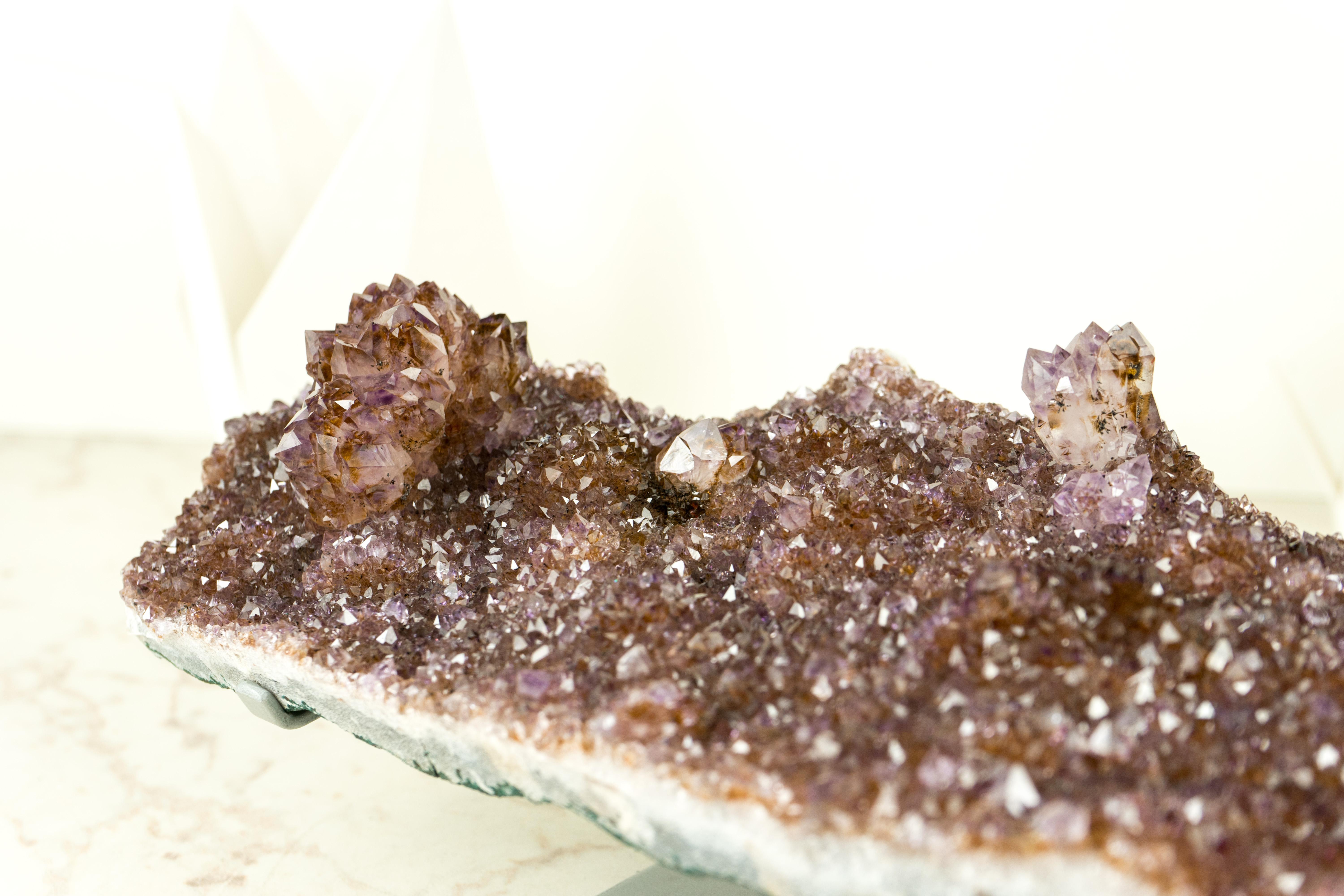 Amethyst Plate with Rare Golden Goethite (Cacoxenite) Amethyst Flower Rosettes For Sale 1