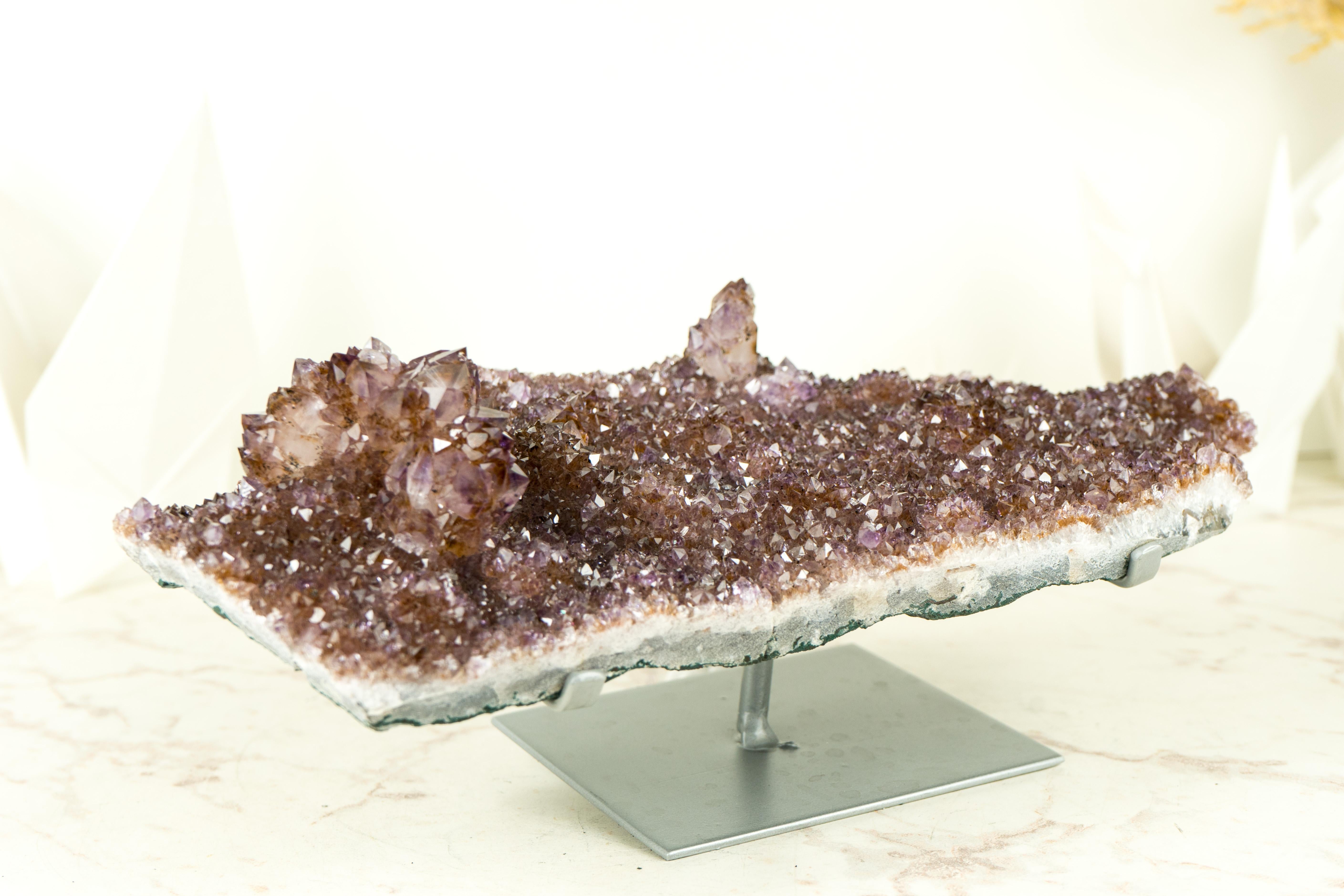 Amethyst Plate with Rare Golden Goethite (Cacoxenite) Amethyst Flower Rosettes For Sale 2