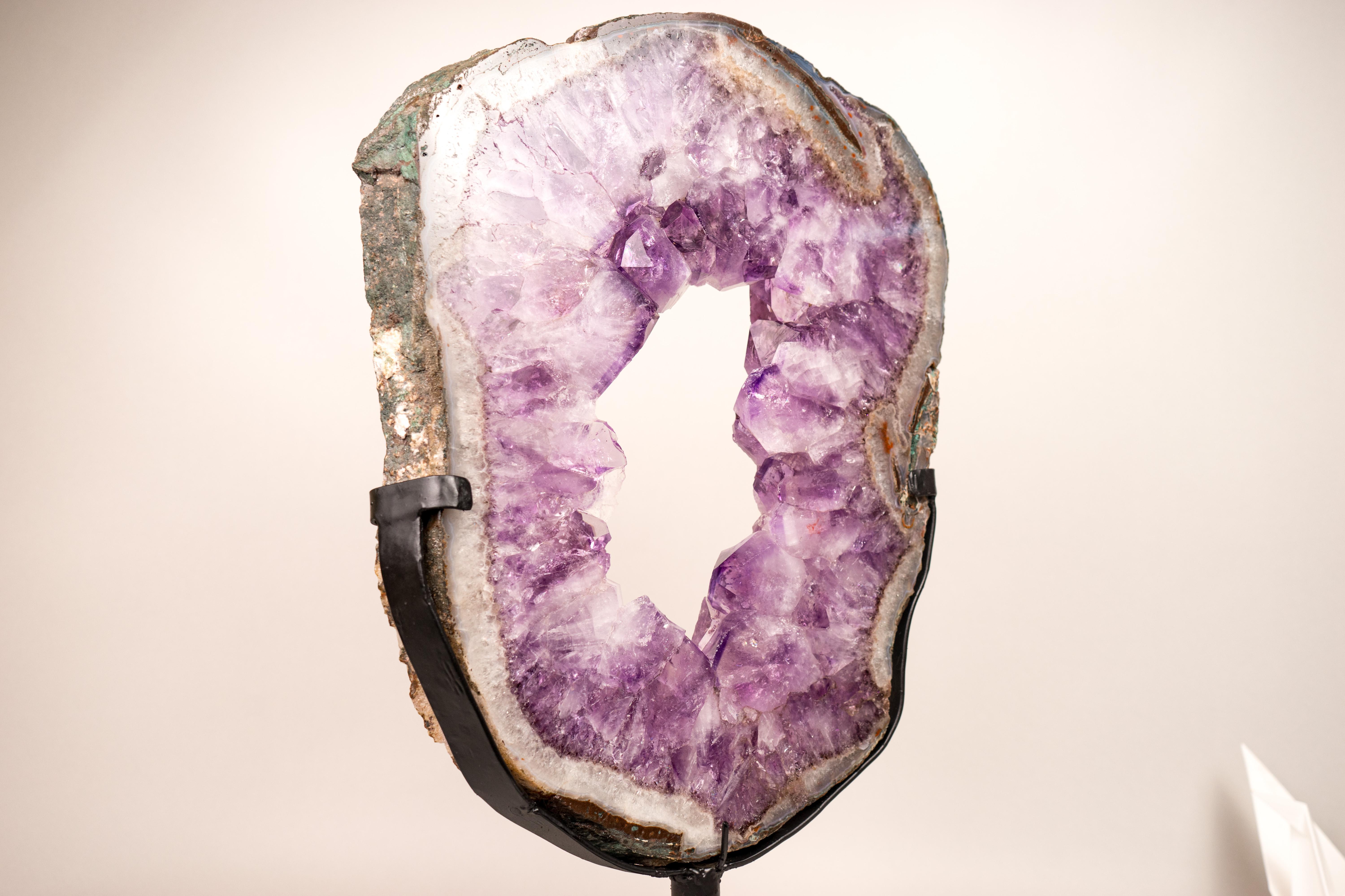 Amethyst Portal with Large Saturated Purple Amethyst Points and Lace Agate Frame

▫️ Description

An Amethyst Geode portal with many special qualities, this Amethyst brings large, perfect Amethyst points surrounded by a layer of blue lace agate and