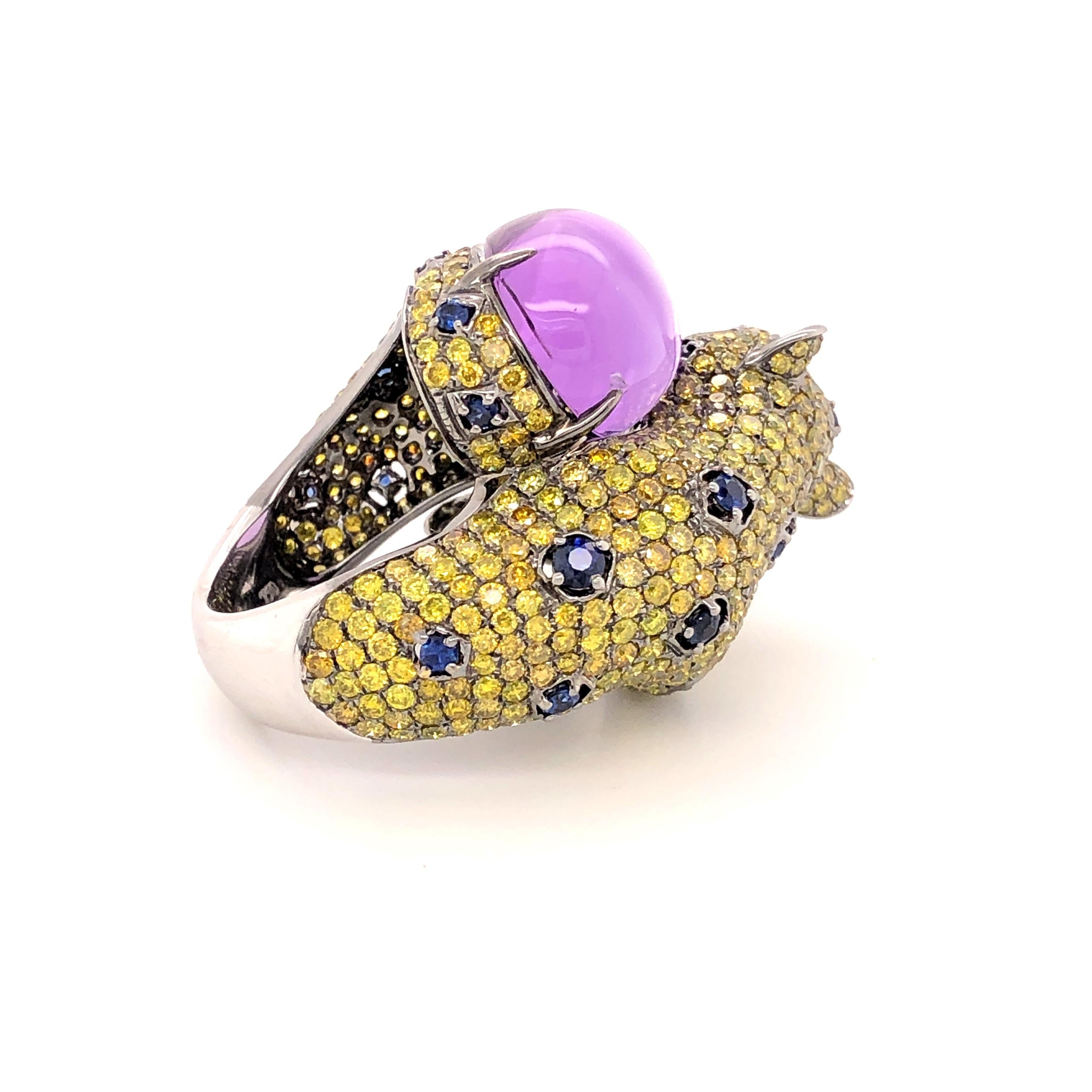 Cabochon Amethyst Protector Yellow Diamonds Cheetah Ring For Sale