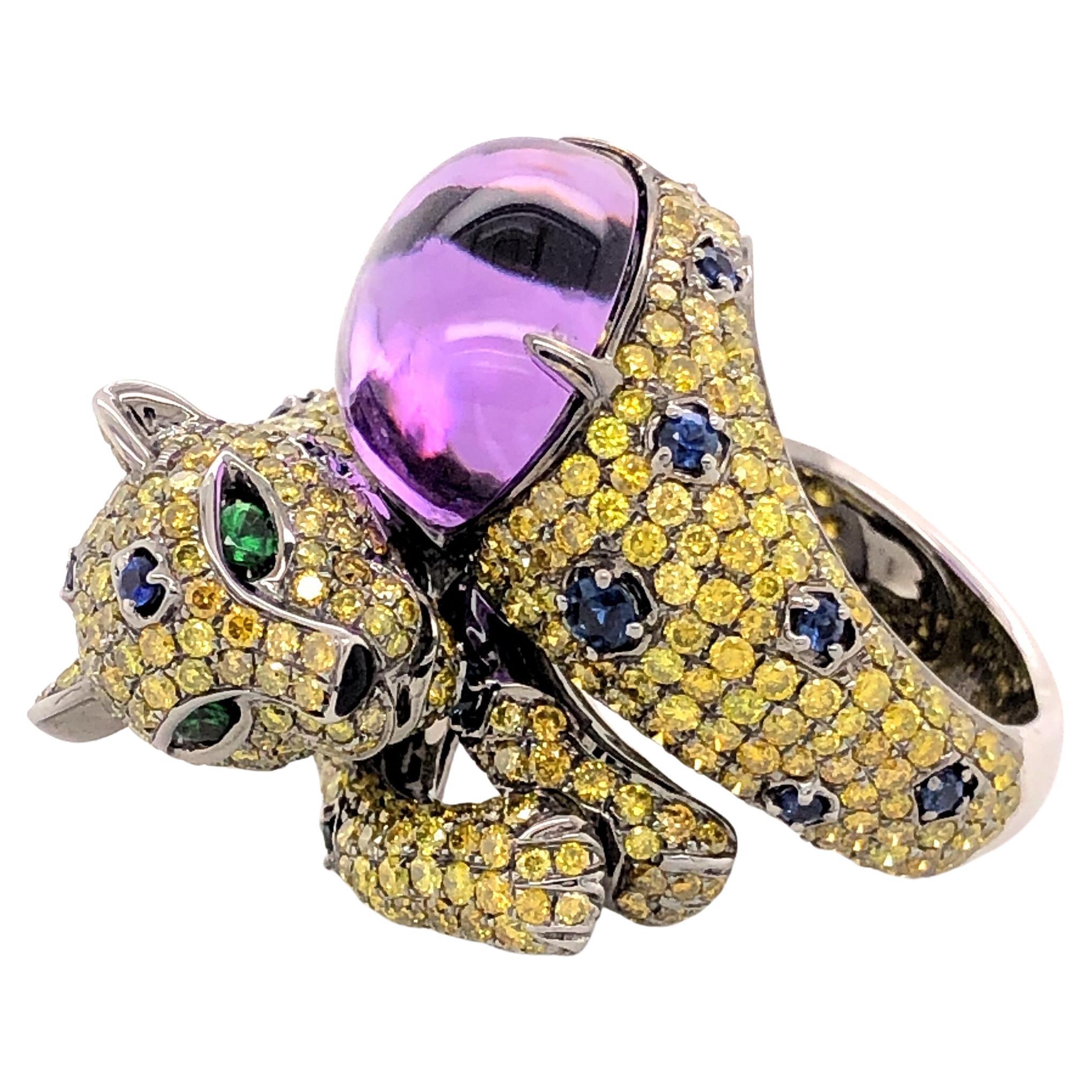Amethyst Protector Yellow Diamonds Cheetah Ring For Sale