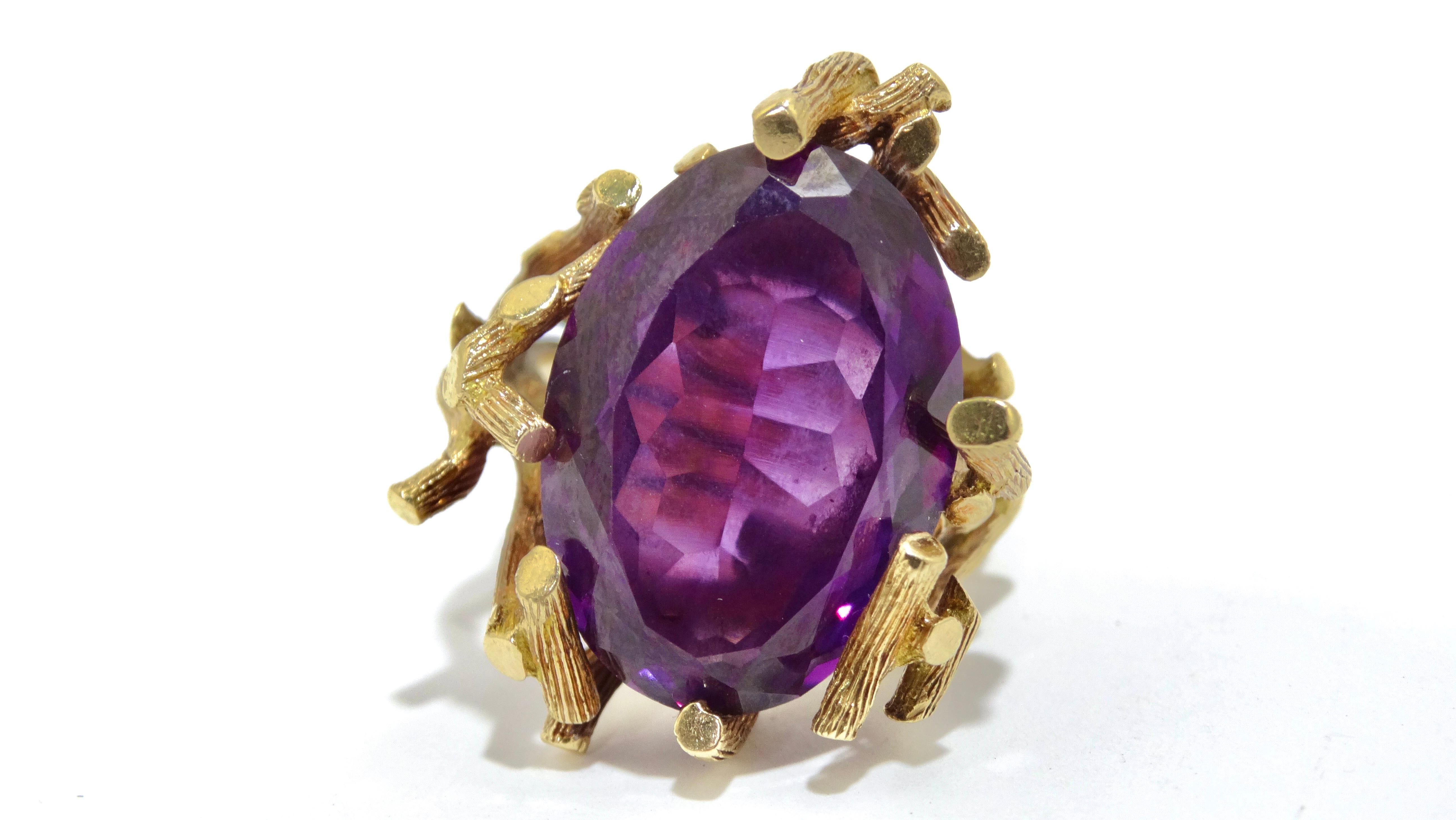 Don't miss your chance to get your hands on this massive Amethyst stone. Notice the amazing details like the intricate tree-branch detailing in 14k gold. Wear this ring with more vibrant color with a Diane Freis maxi dress. 


Weight: 14.44g
Size: