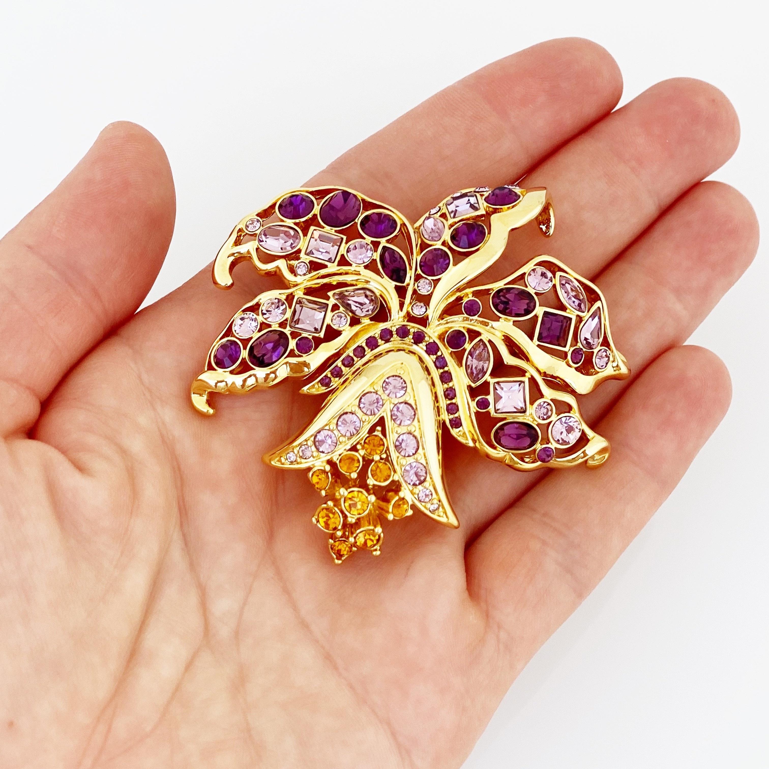 Women's Amethyst Purple Crystal Encrusted Orchid Flower Figural Brooch By Nolan Miller