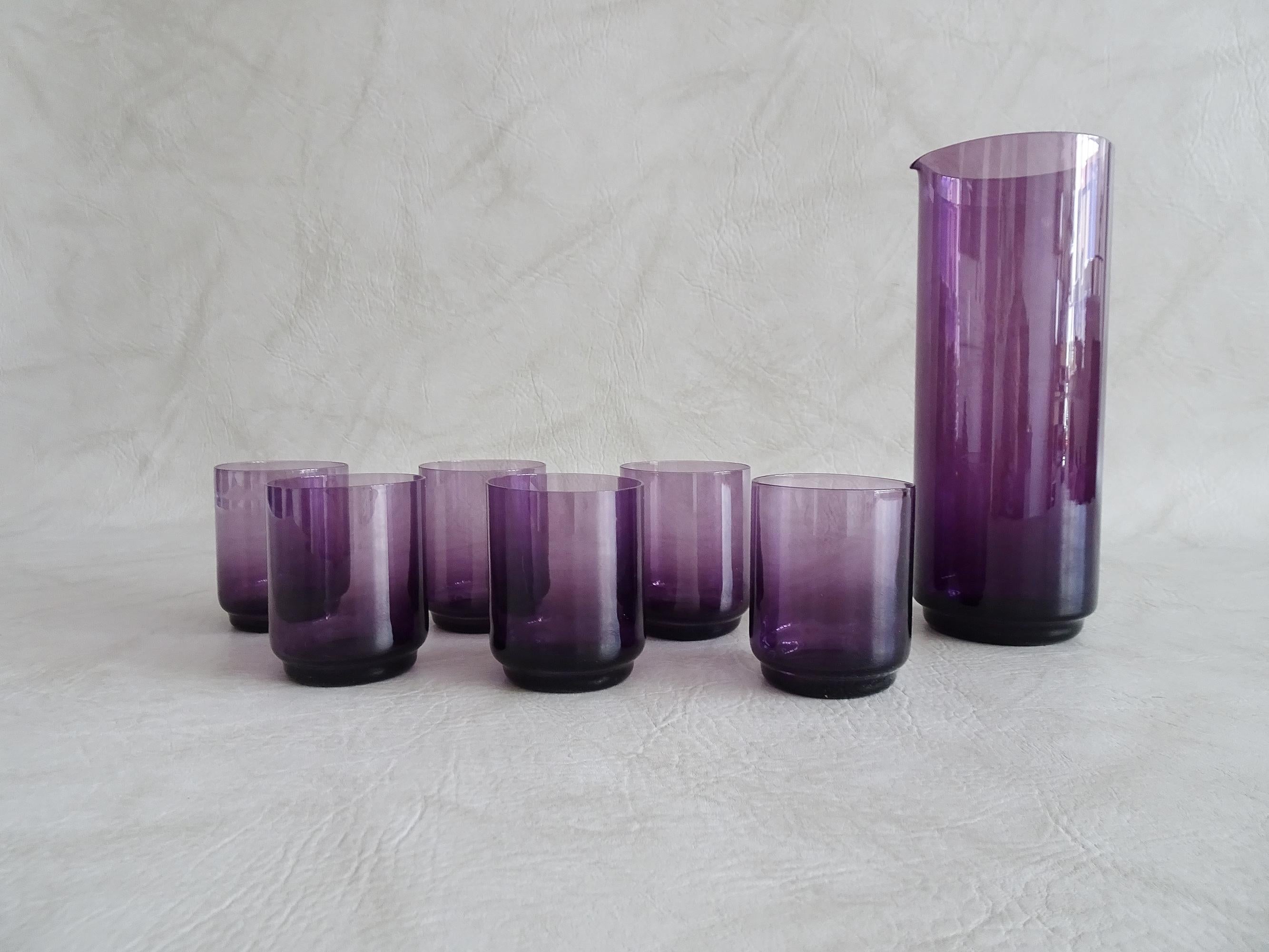 Amethyst Purple Glass Carafe with Glasses, Wagenfeld, Germany, 1960s 4