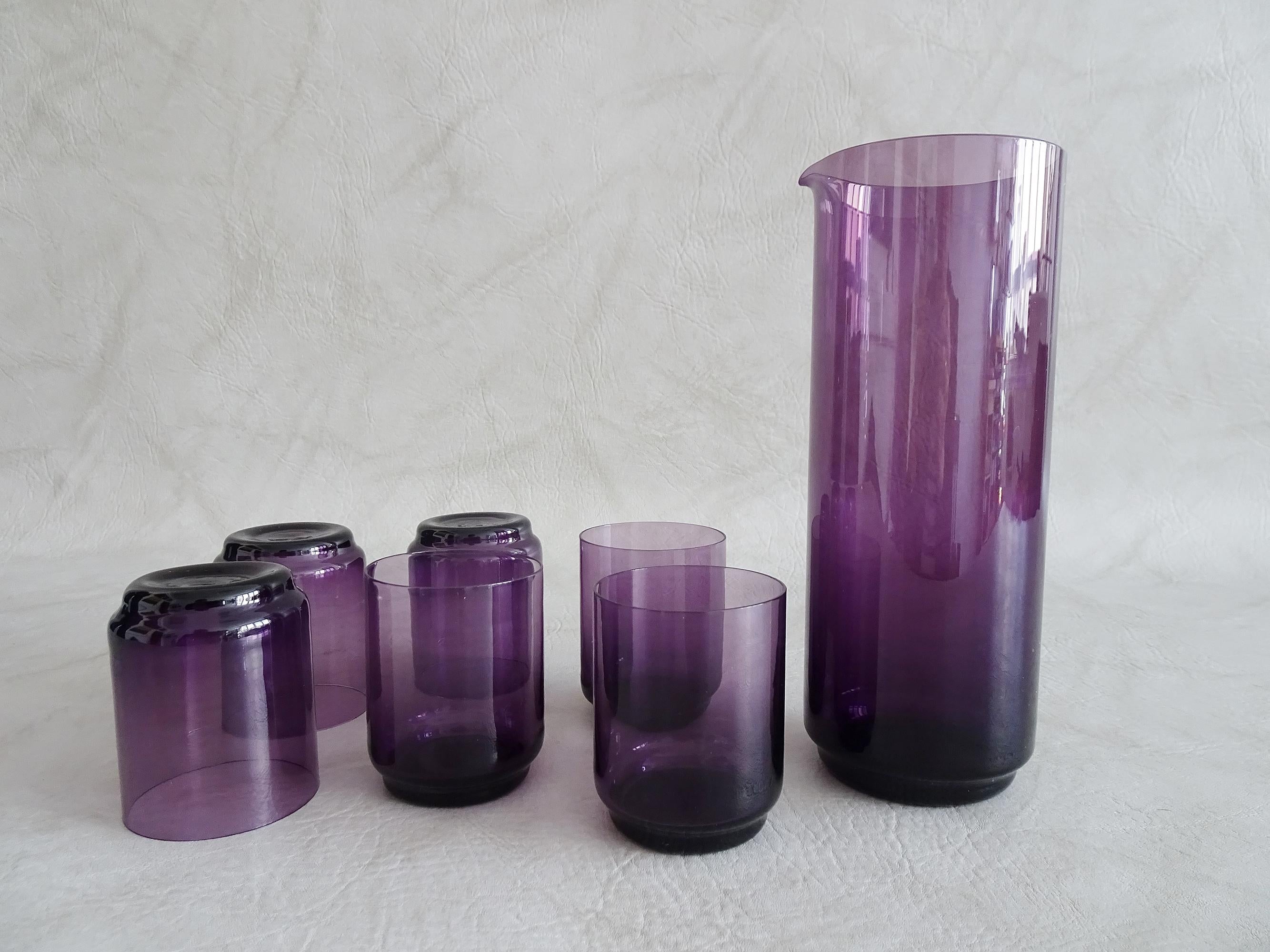Mid-Century Modern Amethyst Purple Glass Carafe with Glasses, Wagenfeld, Germany, 1960s