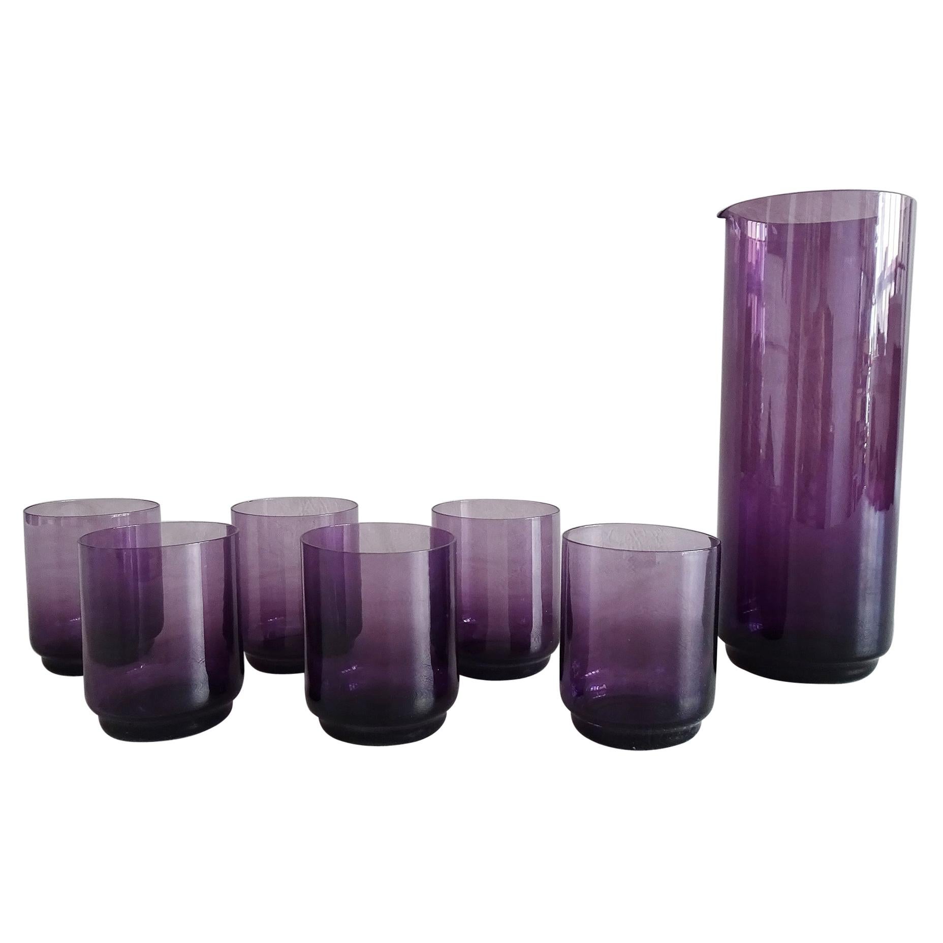 Amethyst Purple Glass Carafe with Glasses, Wagenfeld, Germany, 1960s