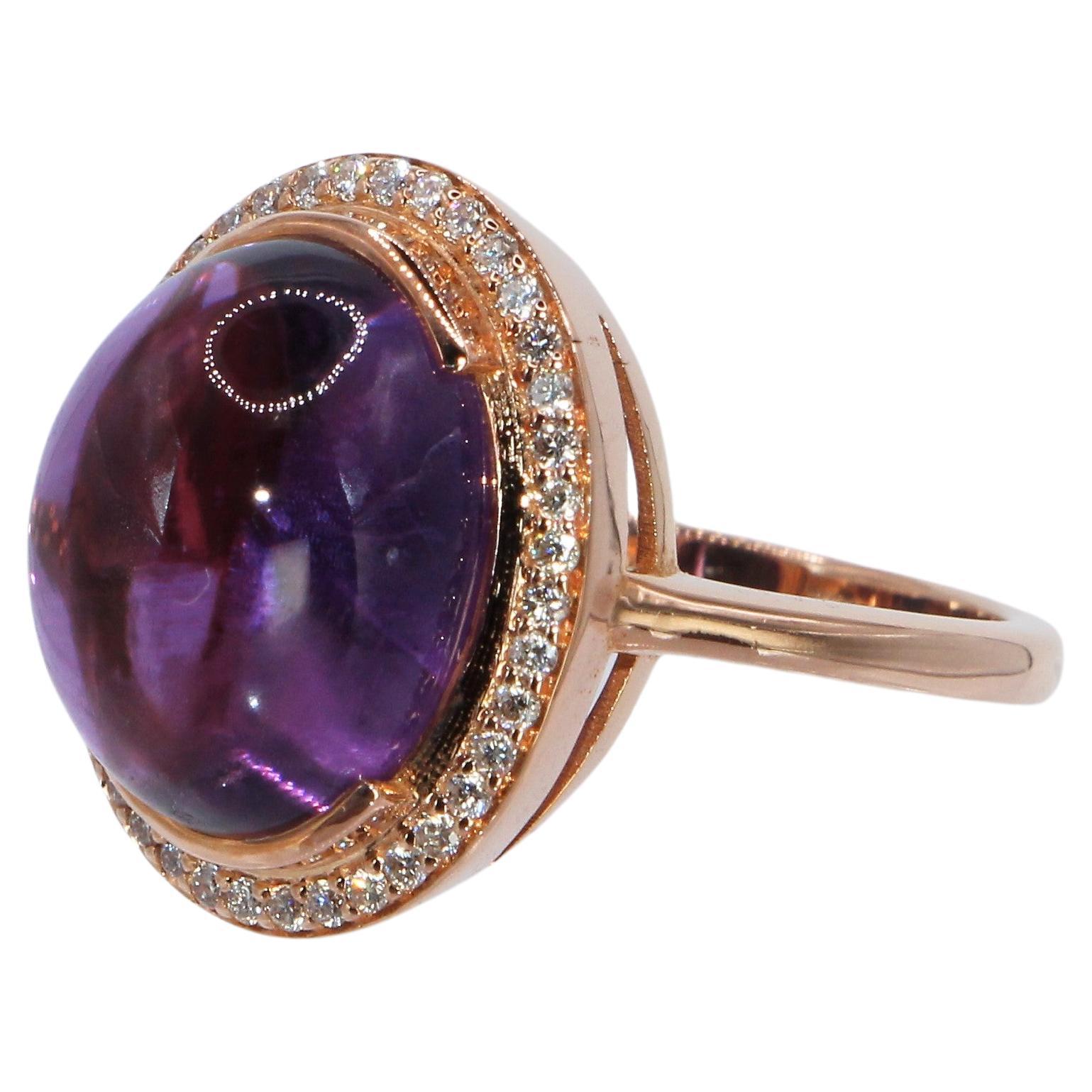 Amethyst Purple Oval Cabochon Cut Ring with Diamonds in 18 Carat Rose Gold For Sale