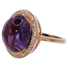 Amethyst Purple Oval Cabochon Cut Ring with Diamonds in 18 Carat Rose Gold