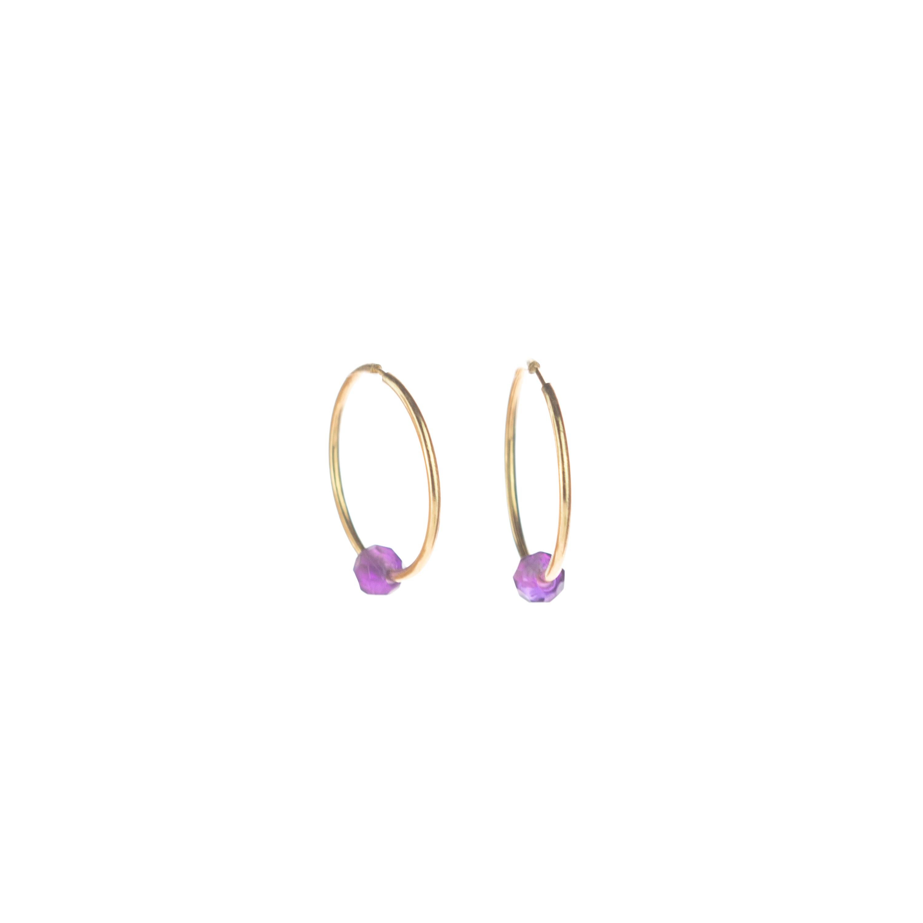 Round Cut Amethyst Purple Rondelle 18 Karat Gold Planet Boho Modern Chic Earrings For Sale