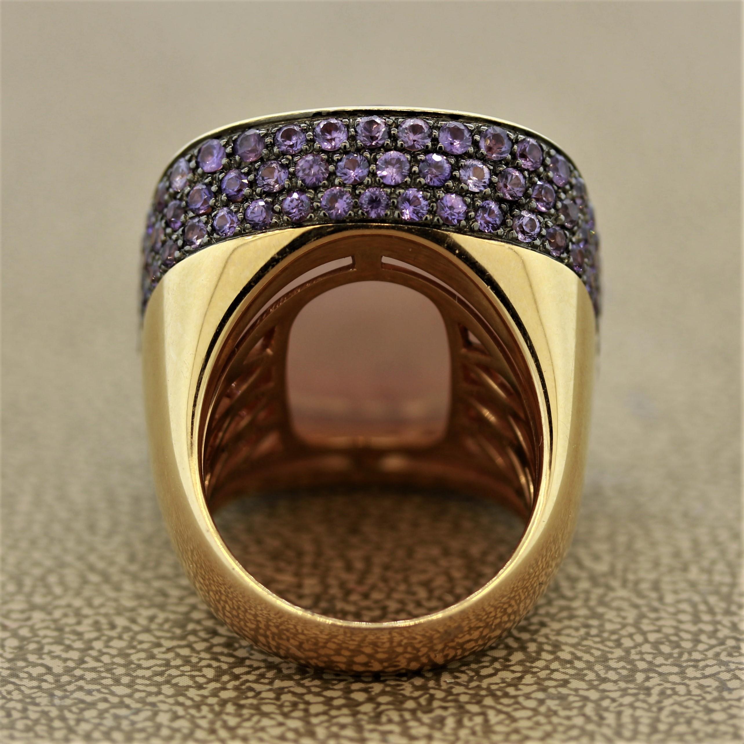 Cushion Cut Amethyst Purple Sapphire Mother of Pearl Gold Cocktail Ring