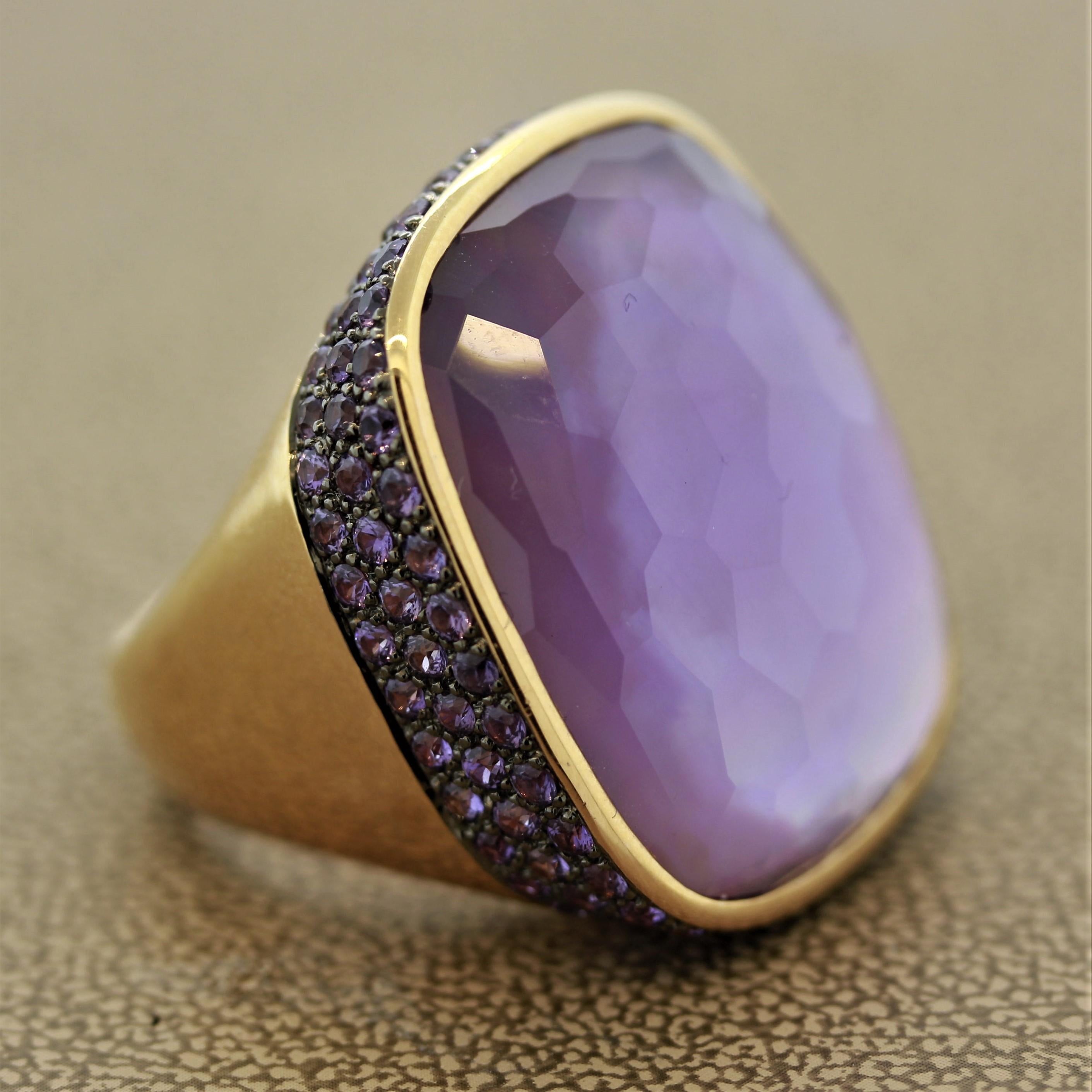 Women's Amethyst Purple Sapphire Mother of Pearl Gold Cocktail Ring