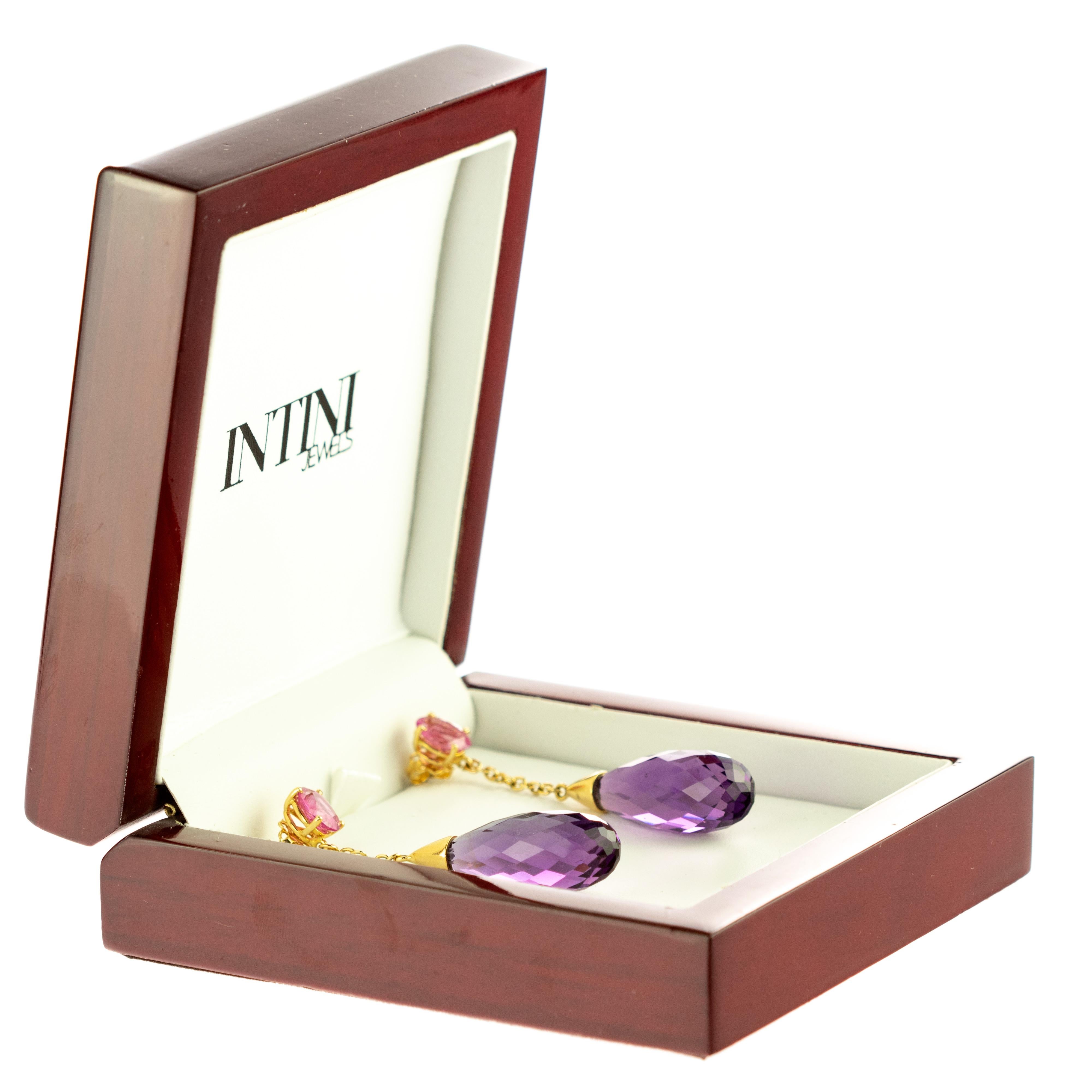 Modern Amethyst Purple Tourmaline Tear Radiant Pink 18 Karat Yellow Gold Earrings For Sale