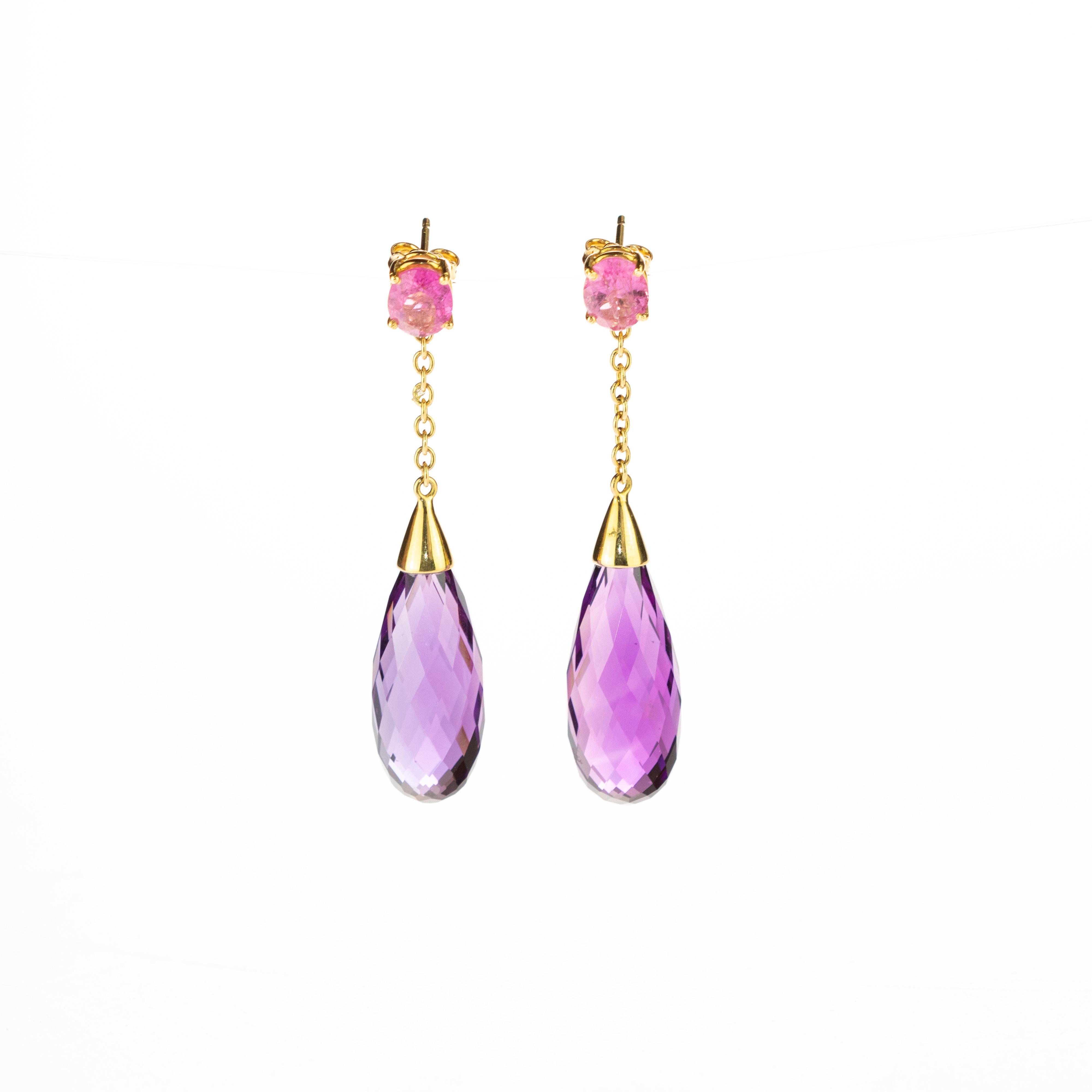 Amethyst Purple Tourmaline Tear Radiant Pink 18 Karat Yellow Gold Earrings For Sale 5