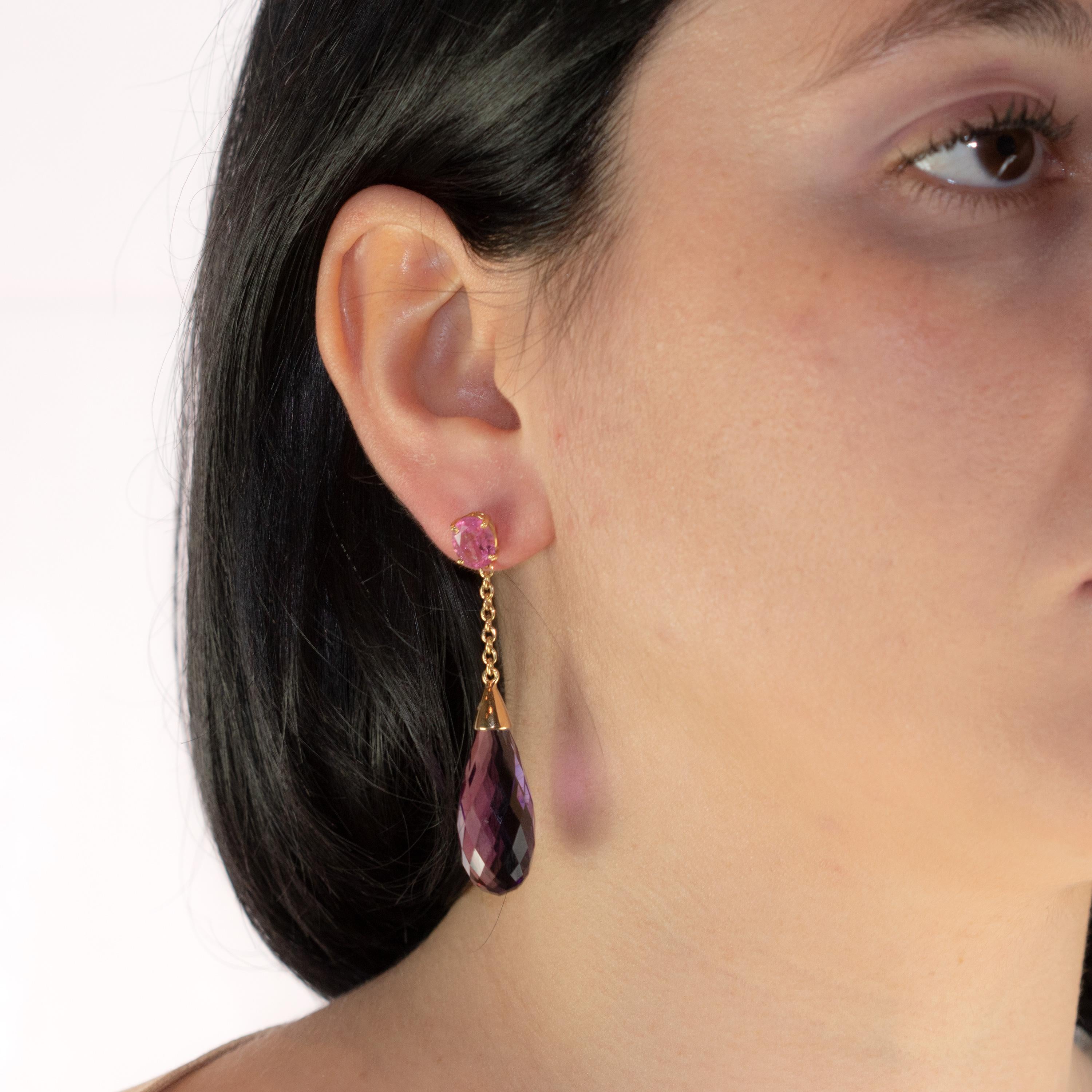 Pear Cut Amethyst Purple Tourmaline Tear Radiant Pink 18 Karat Yellow Gold Earrings For Sale