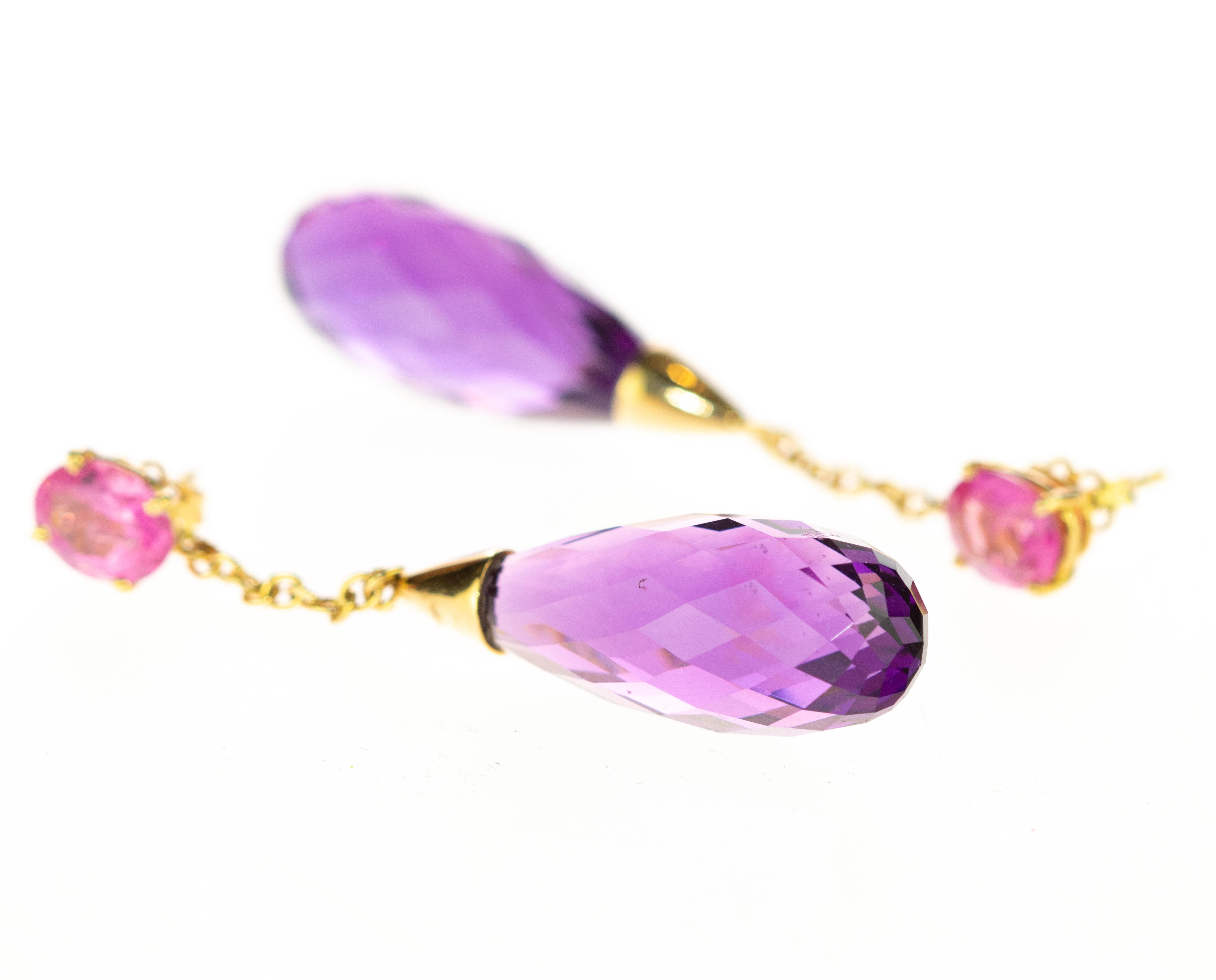 Amethyst Purple Tourmaline Tear Radiant Pink 18 Karat Yellow Gold Earrings For Sale 1