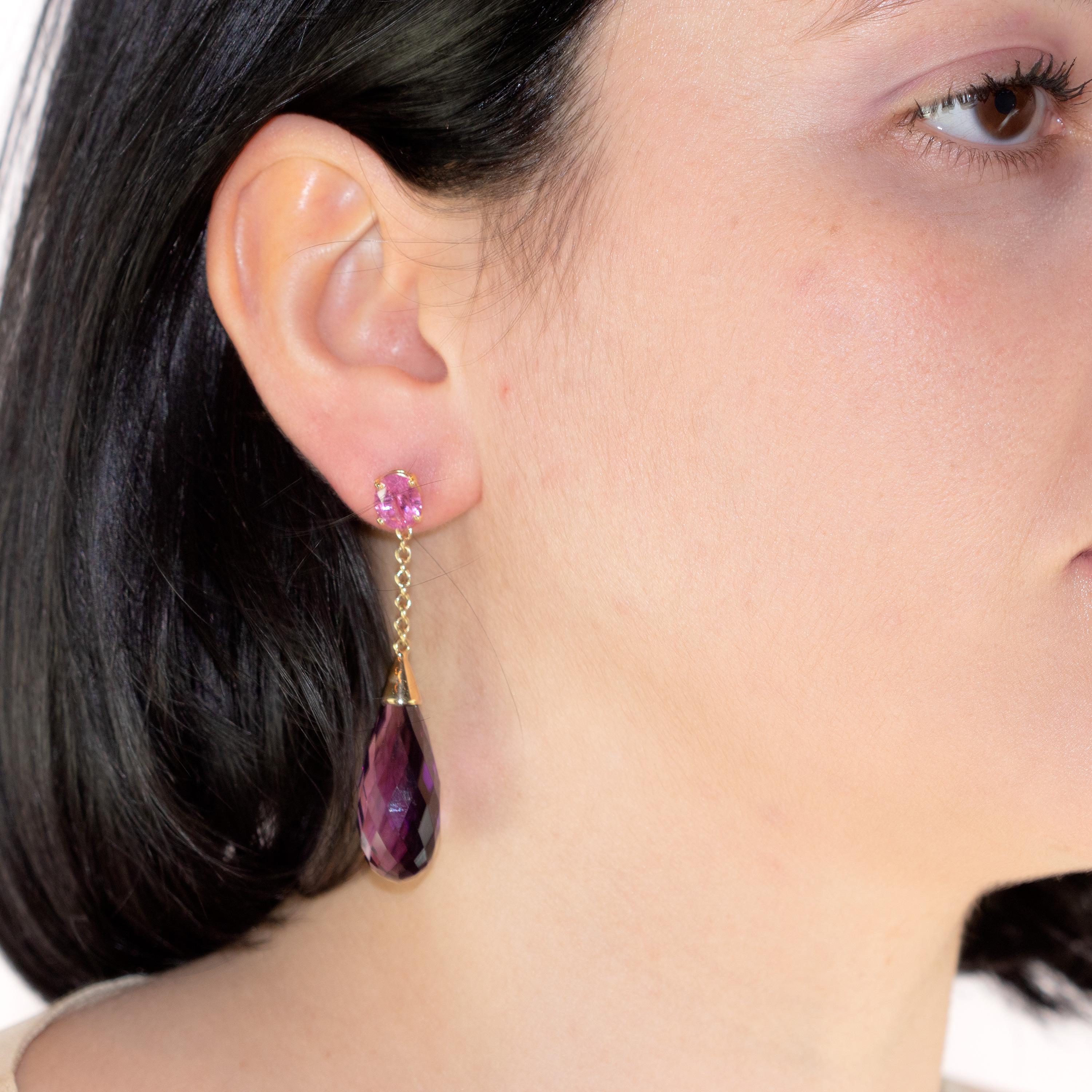 Amethyst Purple Tourmaline Tear Radiant Pink 18 Karat Yellow Gold Earrings In New Condition For Sale In Milano, IT