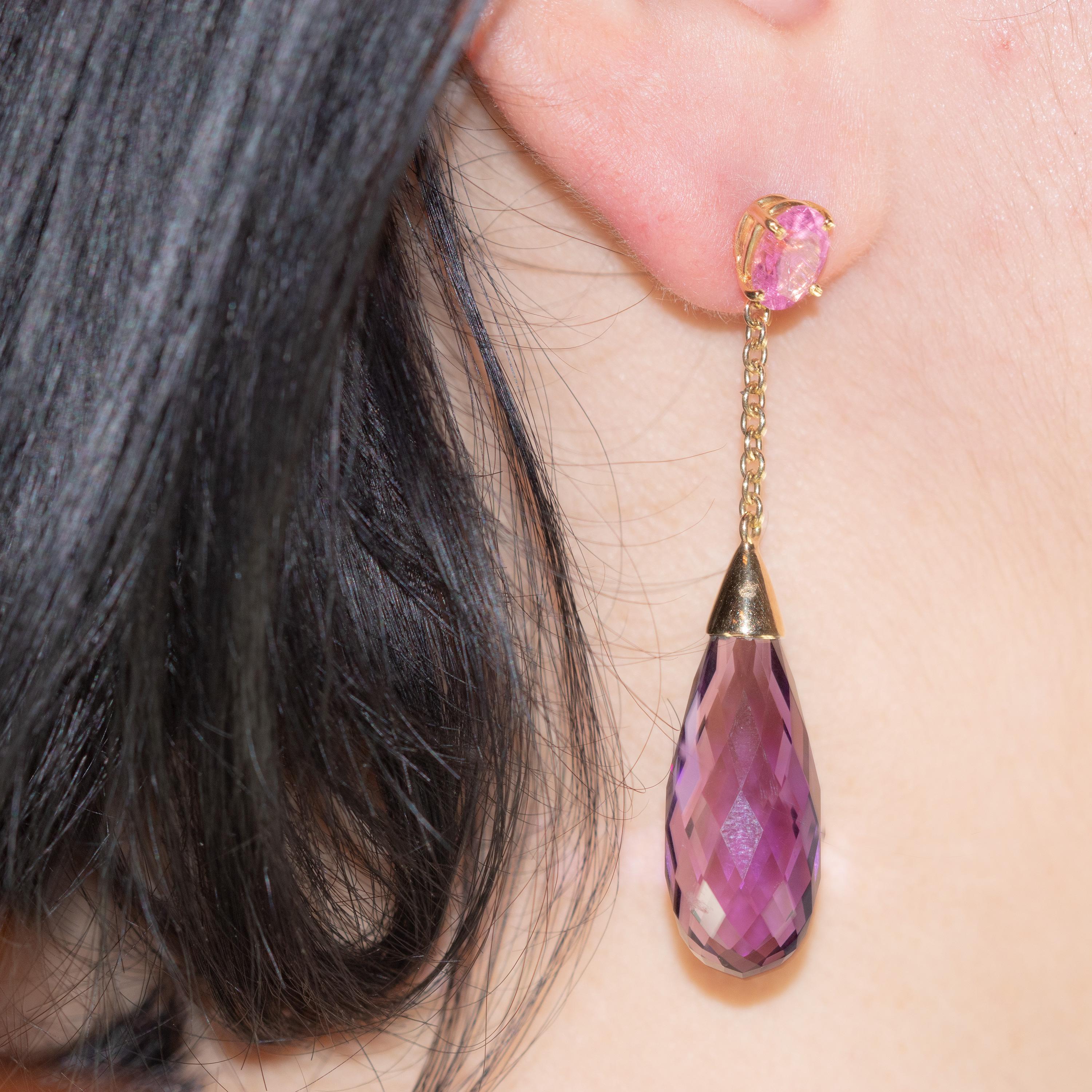 Women's Amethyst Purple Tourmaline Tear Radiant Pink 18 Karat Yellow Gold Earrings For Sale
