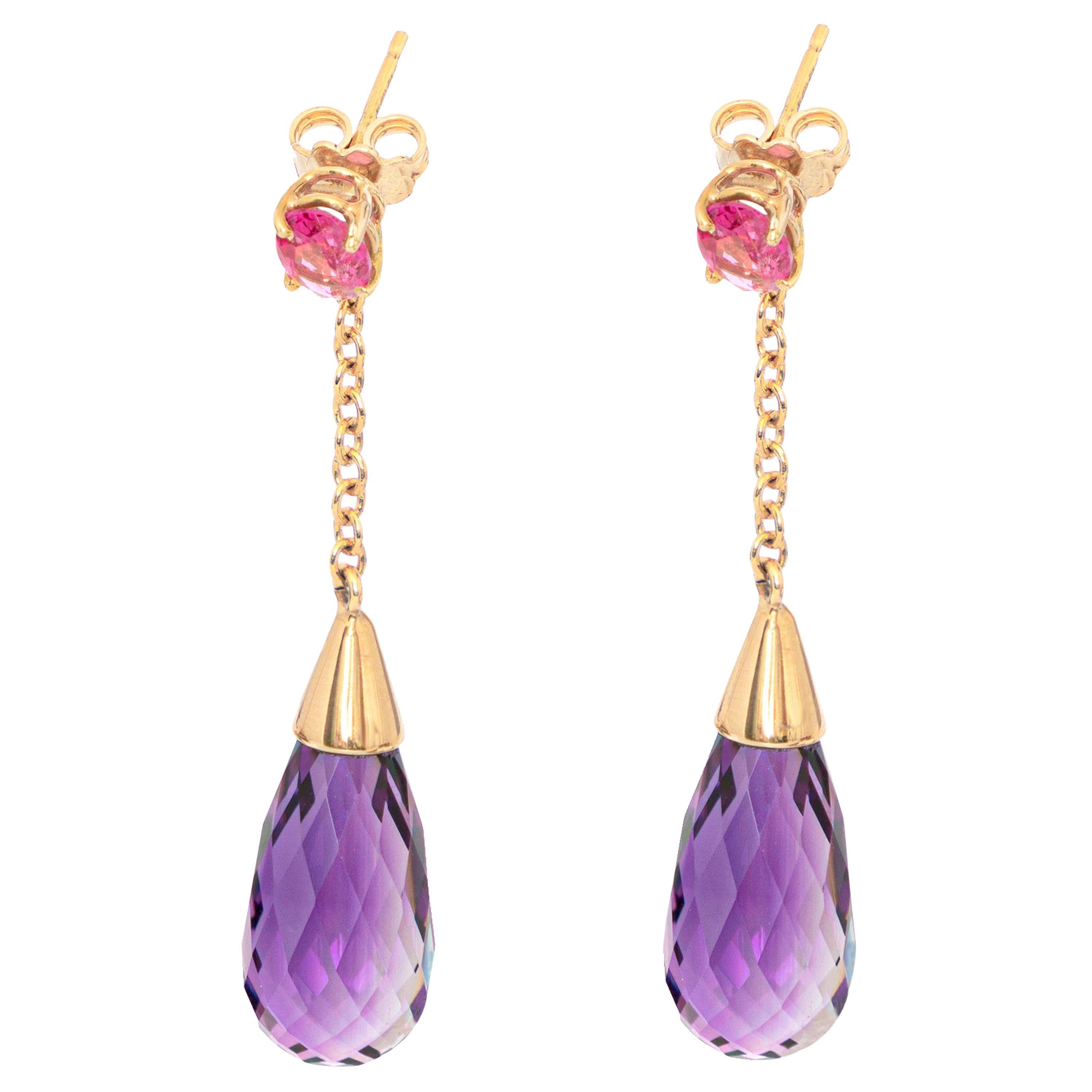 Amethyst Purple Tourmaline Tear Radiant Pink 18 Karat Yellow Gold Earrings For Sale