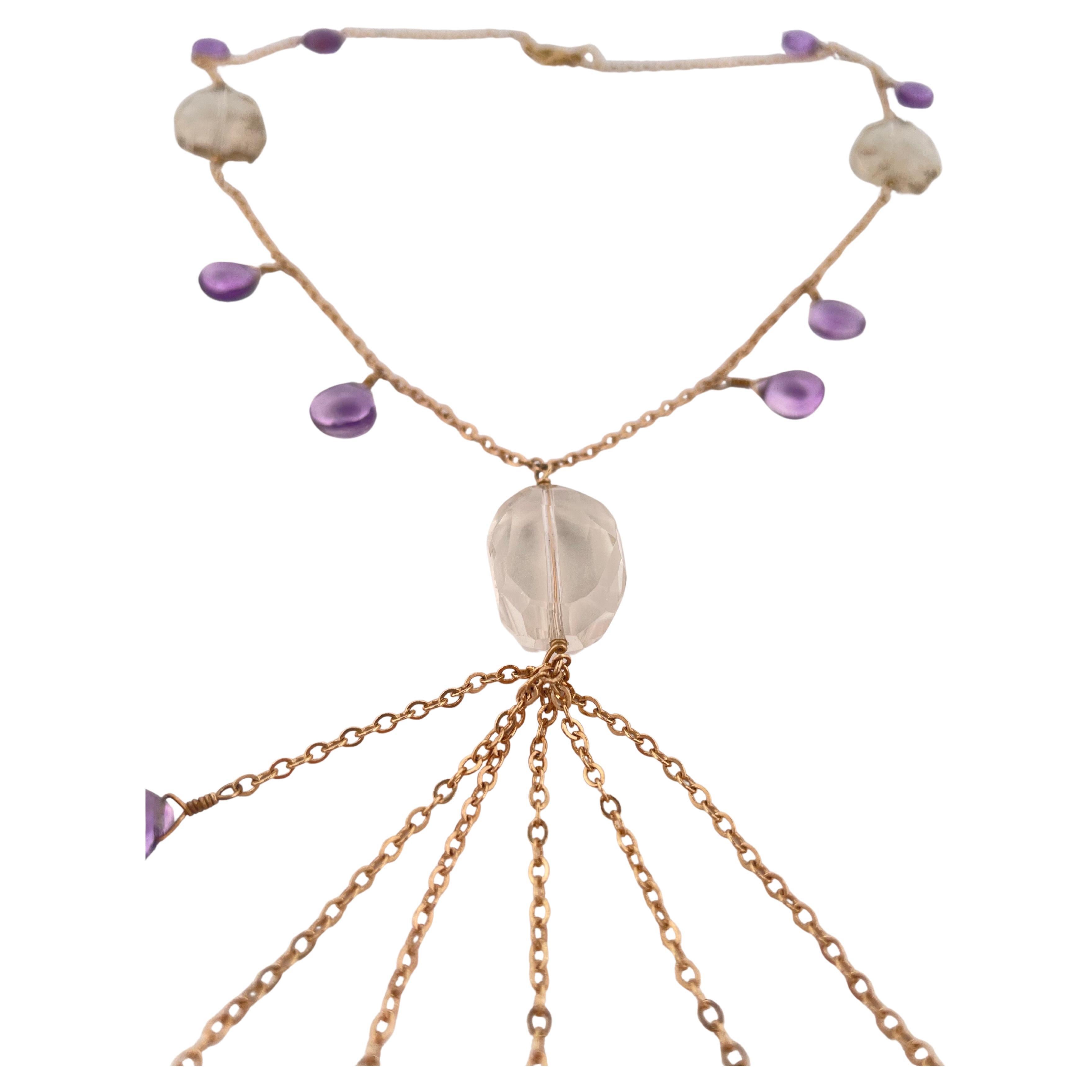Contemporary Amethyst & Quartz Necklace set in 14K Yellow Gold For Sale