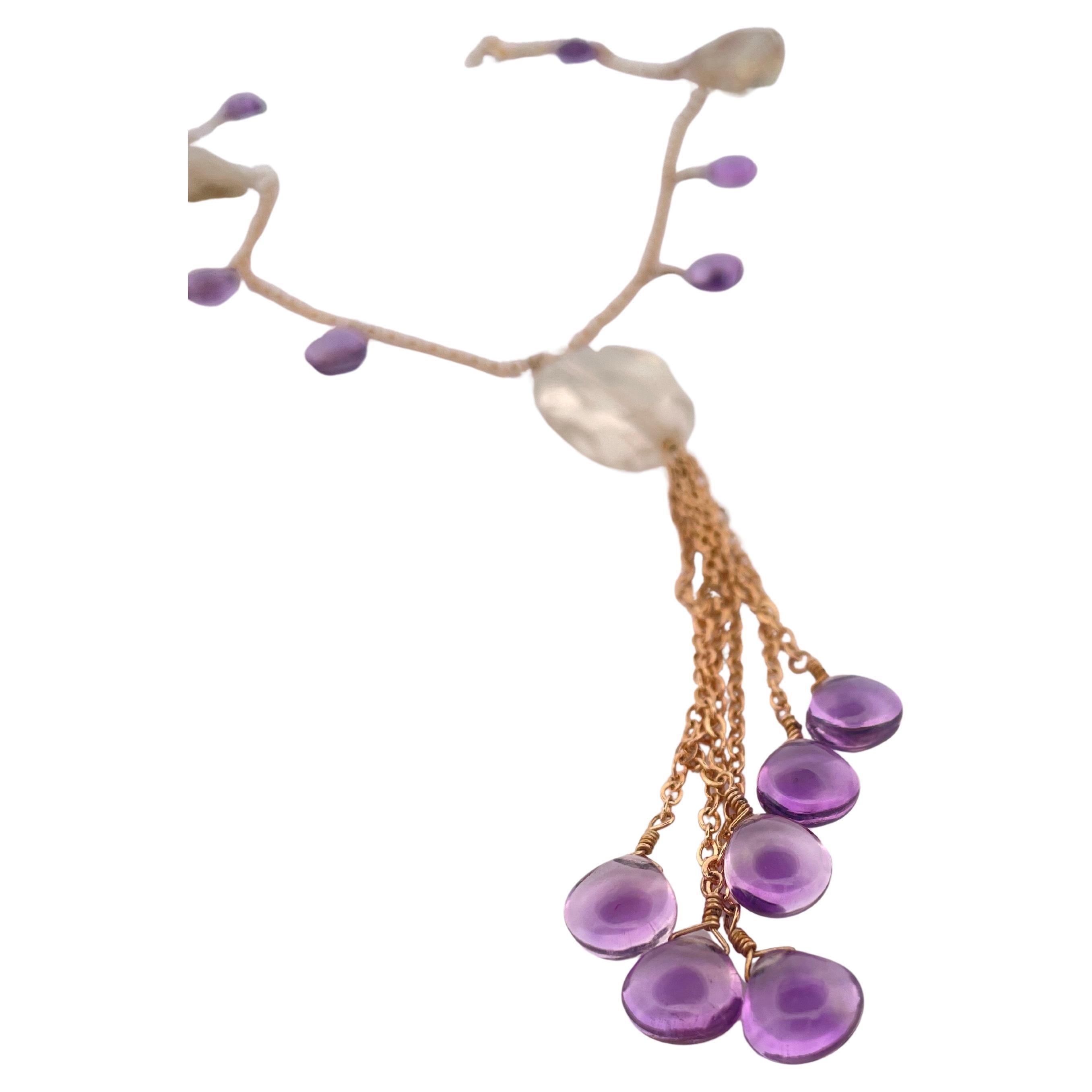 Oval Cut Amethyst & Quartz Necklace set in 14K Yellow Gold For Sale