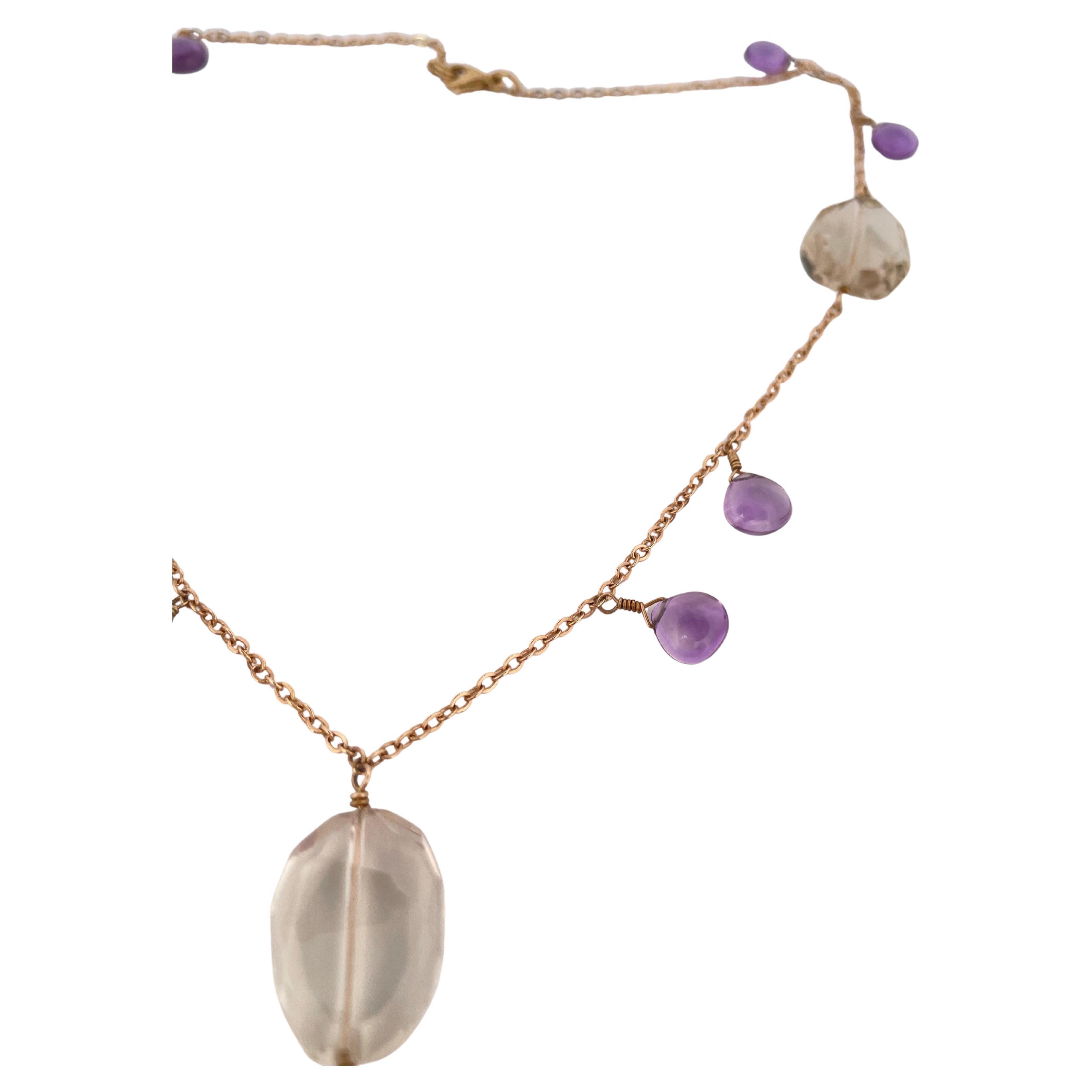 Amethyst & Quartz Necklace set in 14K Yellow Gold In Good Condition For Sale In Sewickley, PA