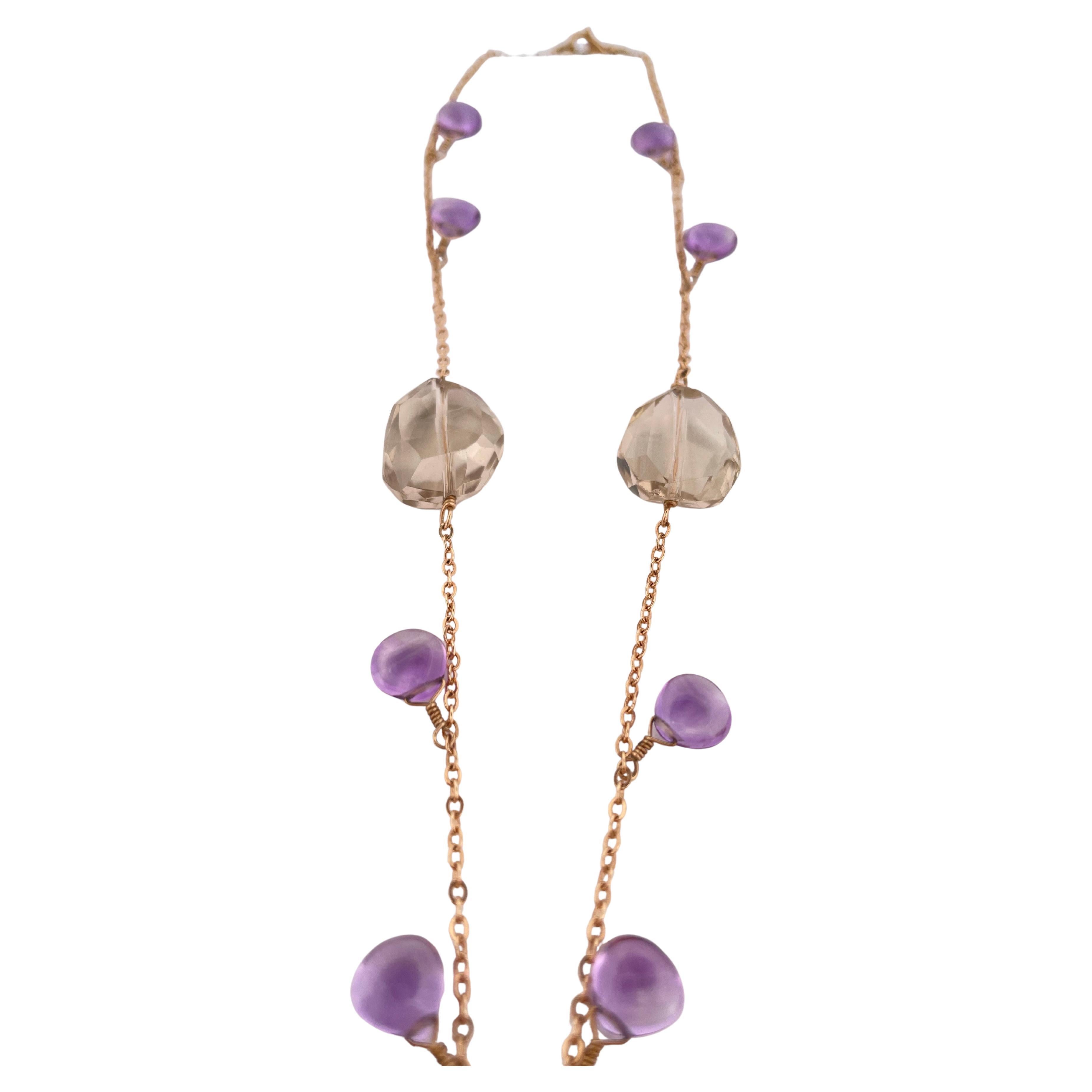 Women's or Men's Amethyst & Quartz Necklace set in 14K Yellow Gold For Sale