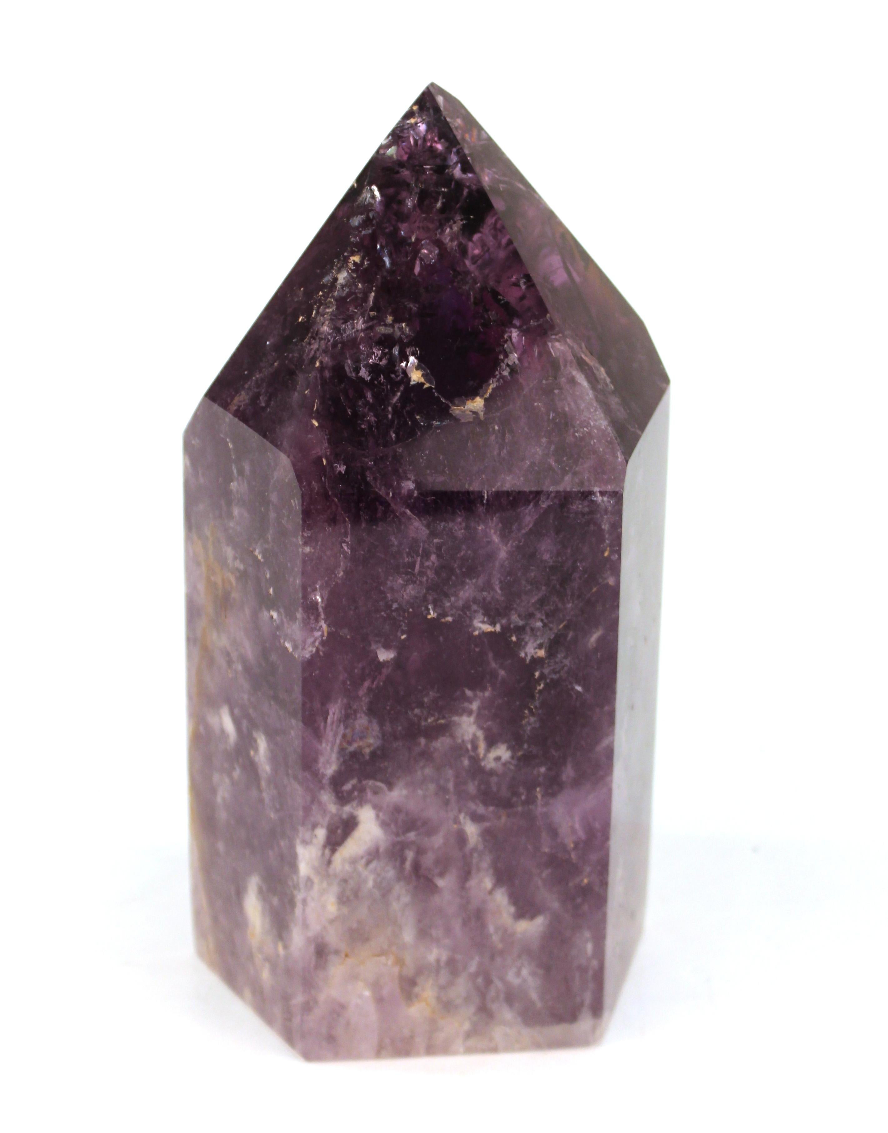 Amethyst quartz decorative mineral specimen in shape of a large shard or prism. The piece is in good condition.