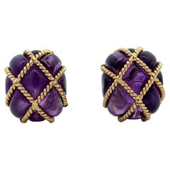 Amethyst Quilted 18 Karat Yellow Gold Retractable Post Estate Cushion Earrings