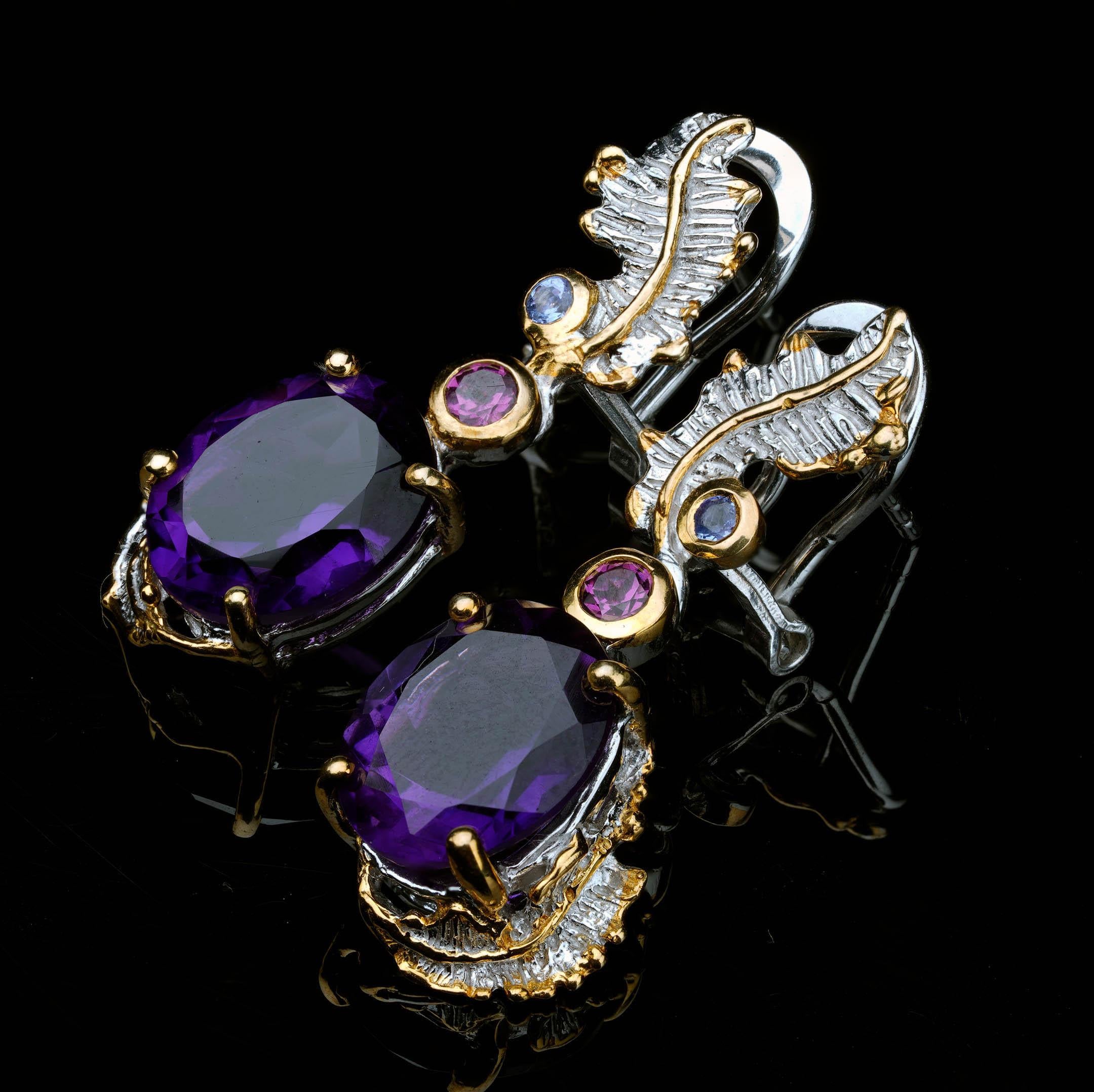 Pendants d'oreilles en améthyste, rhodolite et tanzanite Pour femmes en vente