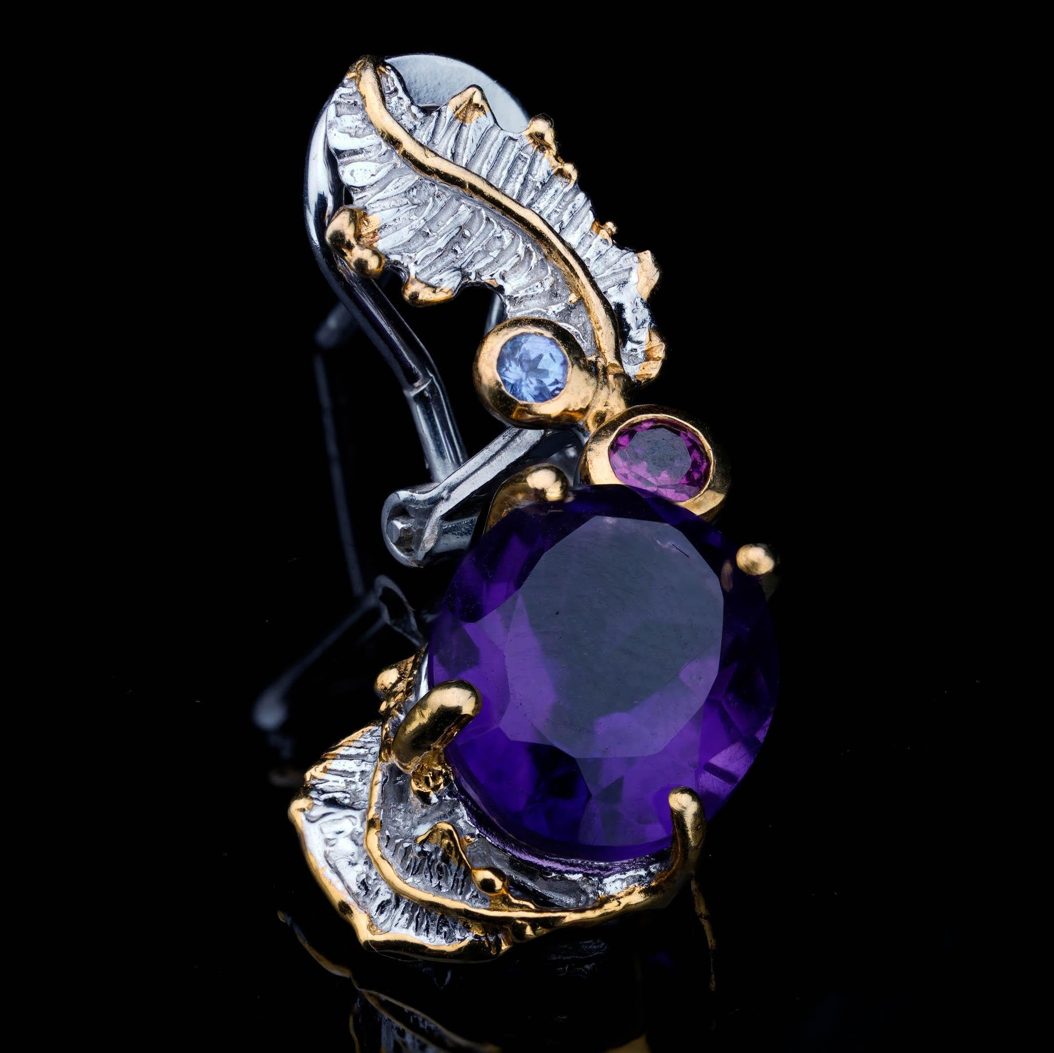 Pendants d'oreilles en améthyste, rhodolite et tanzanite en vente 2