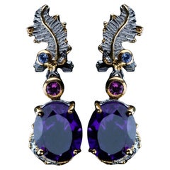 Amethyst, Rhodolite, and Tanzanite Drop Earrings